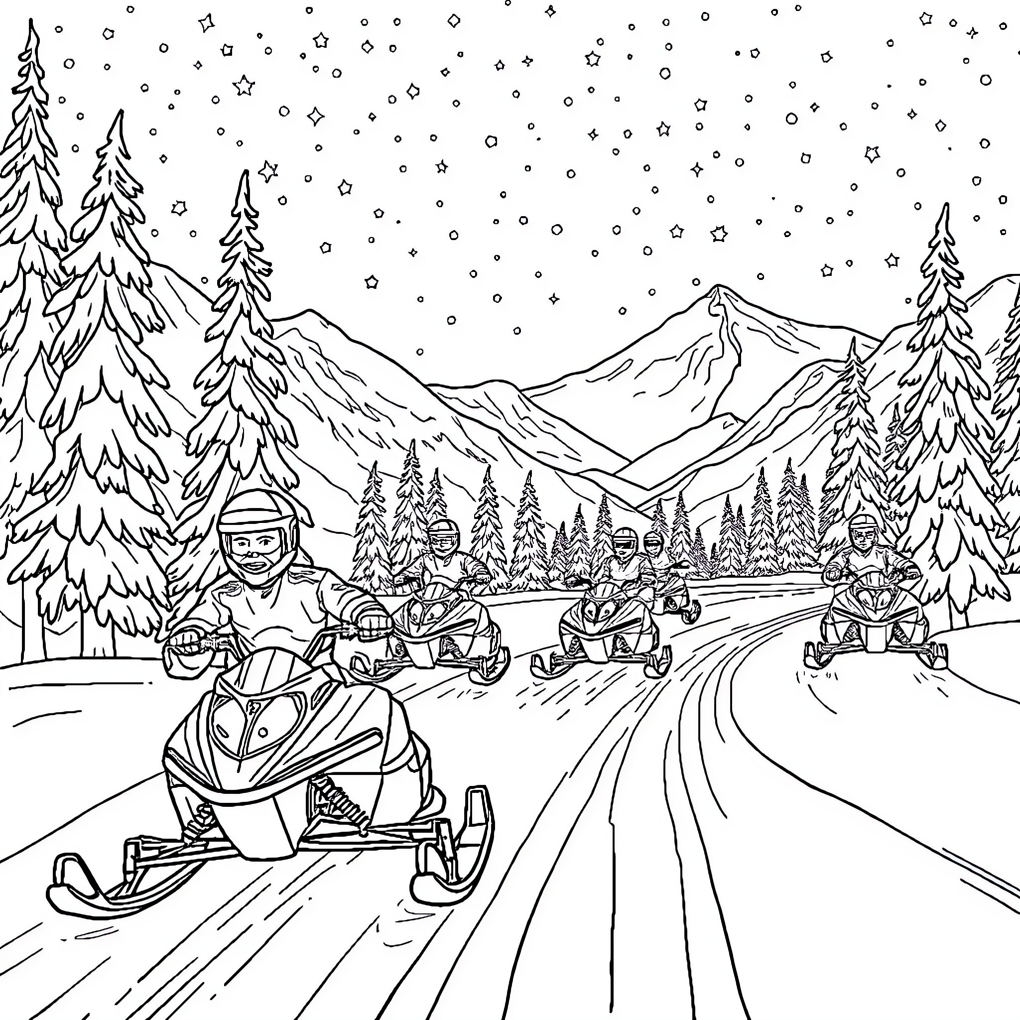 Snowmobile riders traversing snowy mountain landscape Coloring Page (free black-and-white line drawing printable PDF for all, from beginners to advanced learners, including children, teens, adults, and seniors)