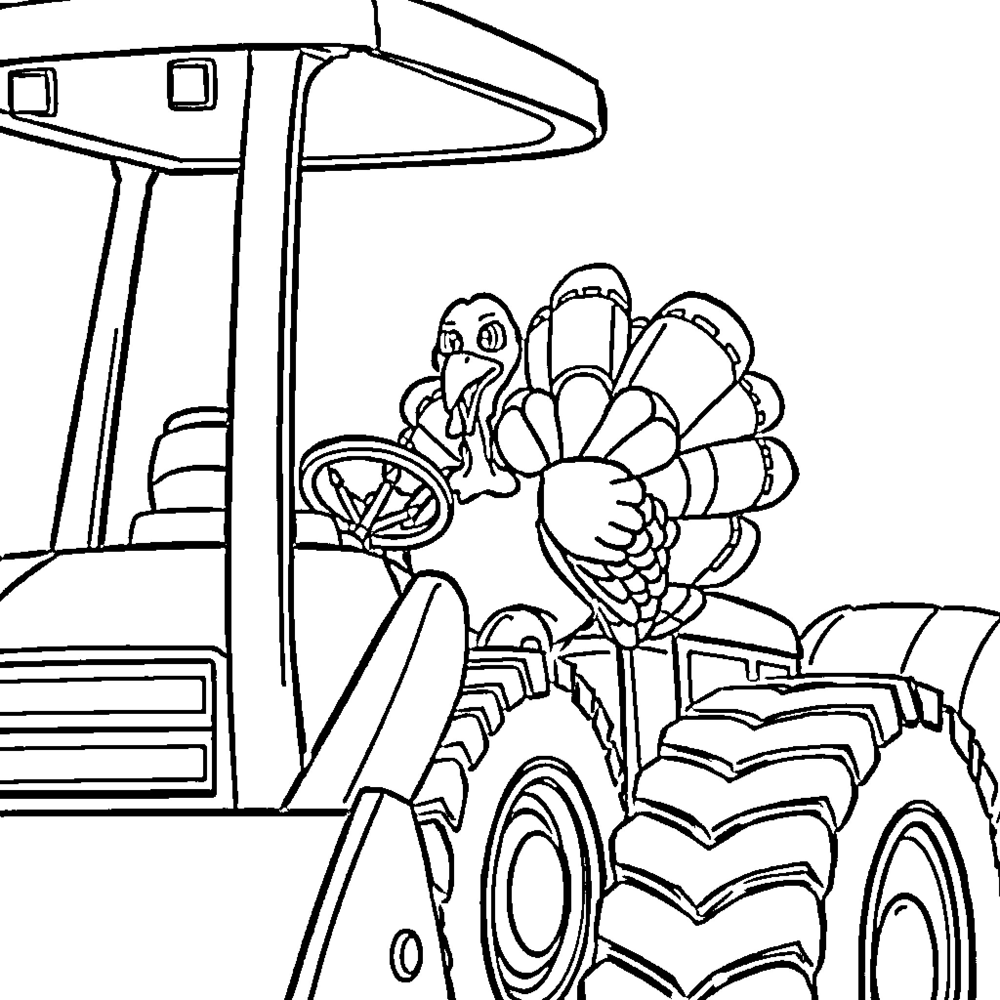 Turkey driving large agricultural machine Coloring Page (free black-and-white line drawing printable PDF for all, from beginners to advanced learners, including children, teens, adults, and seniors)