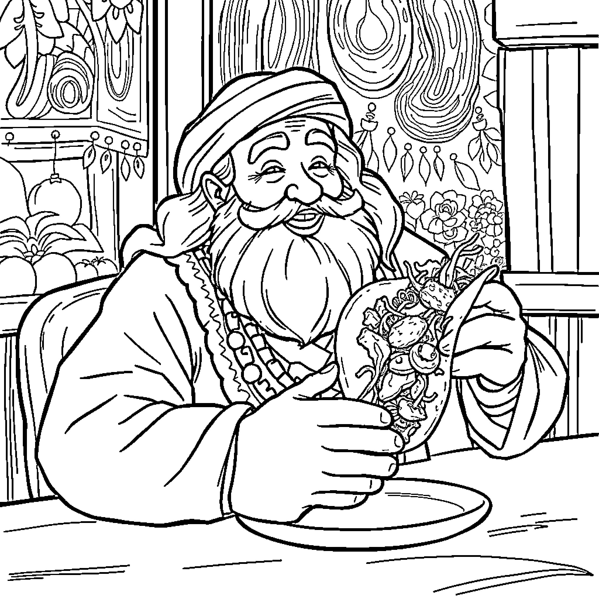 Rumi's Enchanting Feast Coloring Page (free black-and-white line drawing printable PDF for all, from beginners to advanced learners, including children, teens, adults, and seniors)