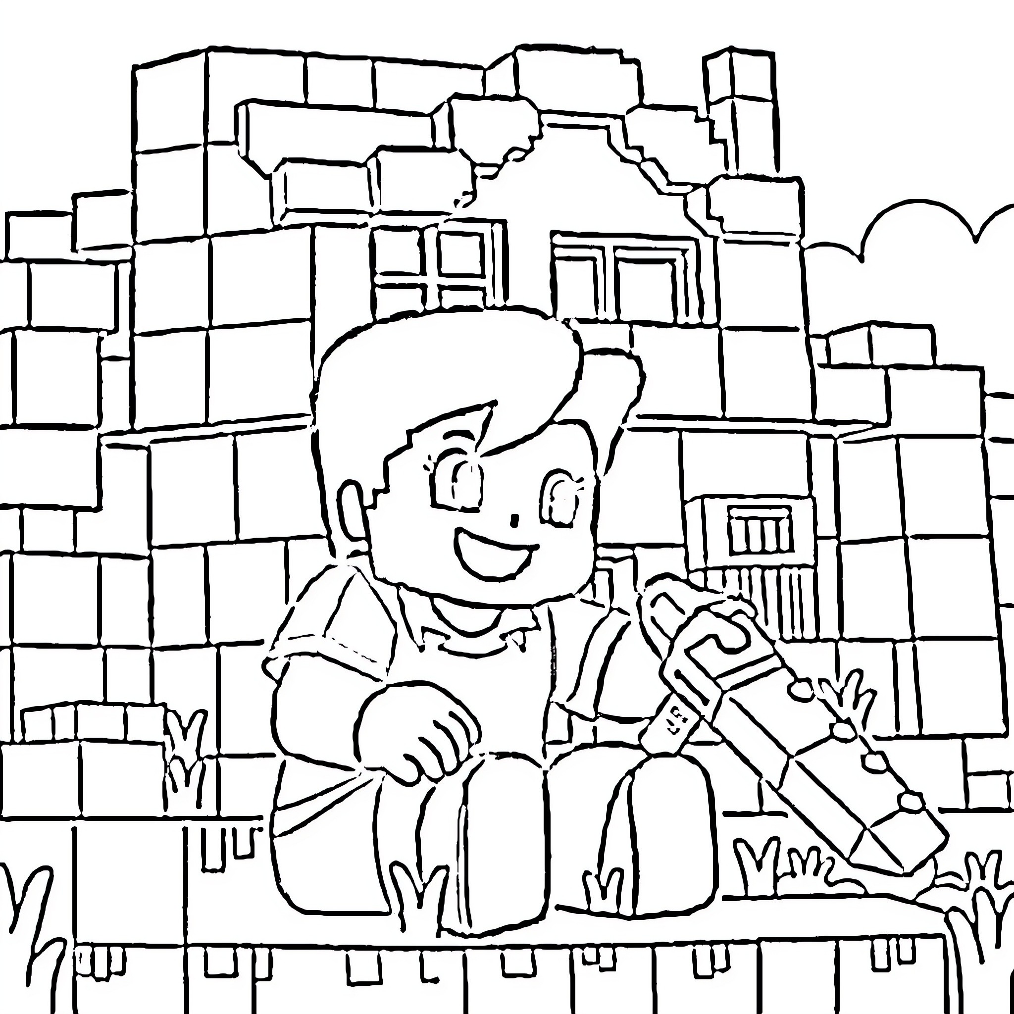Aphmau character in a sketchy cityscape scene Coloring Page (free black-and-white line drawing printable PDF for all, from beginners to advanced learners, including children, teens, adults, and seniors)