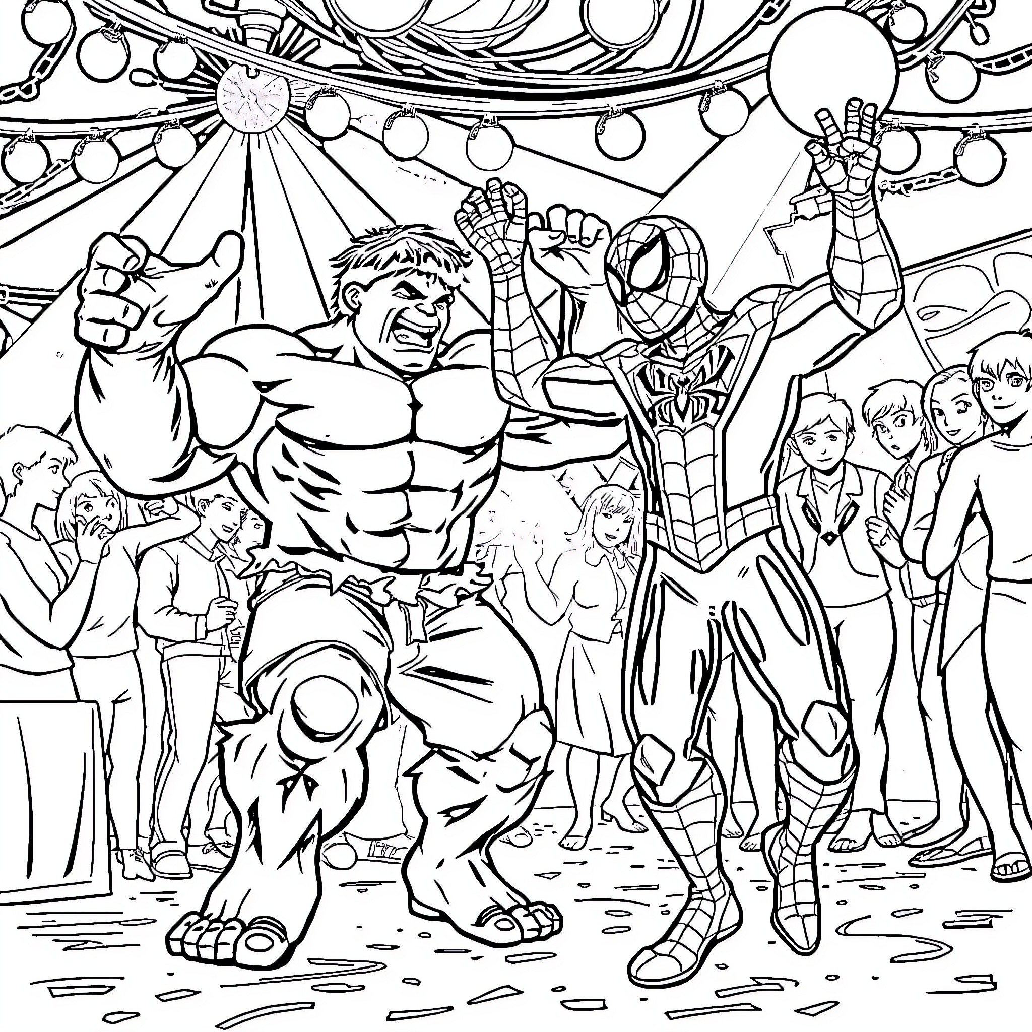Hulk and Spider-Man battling together in a festive scene Coloring Page (free black-and-white line drawing printable PDF for all, from beginners to advanced learners, including children, teens, adults, and seniors)