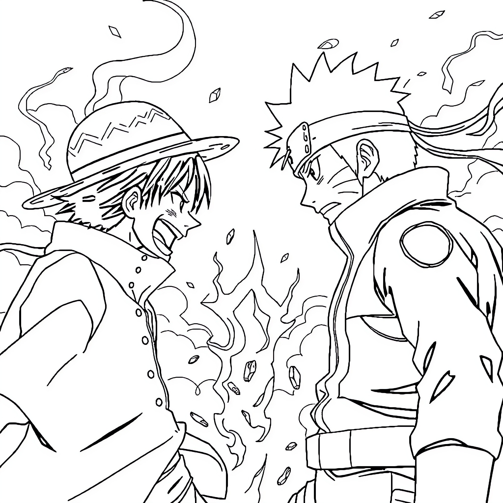 Luffy and Naruto's Animated Confrontation Coloring Page (free black-and-white line drawing printable PDF for all, from beginners to advanced learners, including children, teens, adults, and seniors)