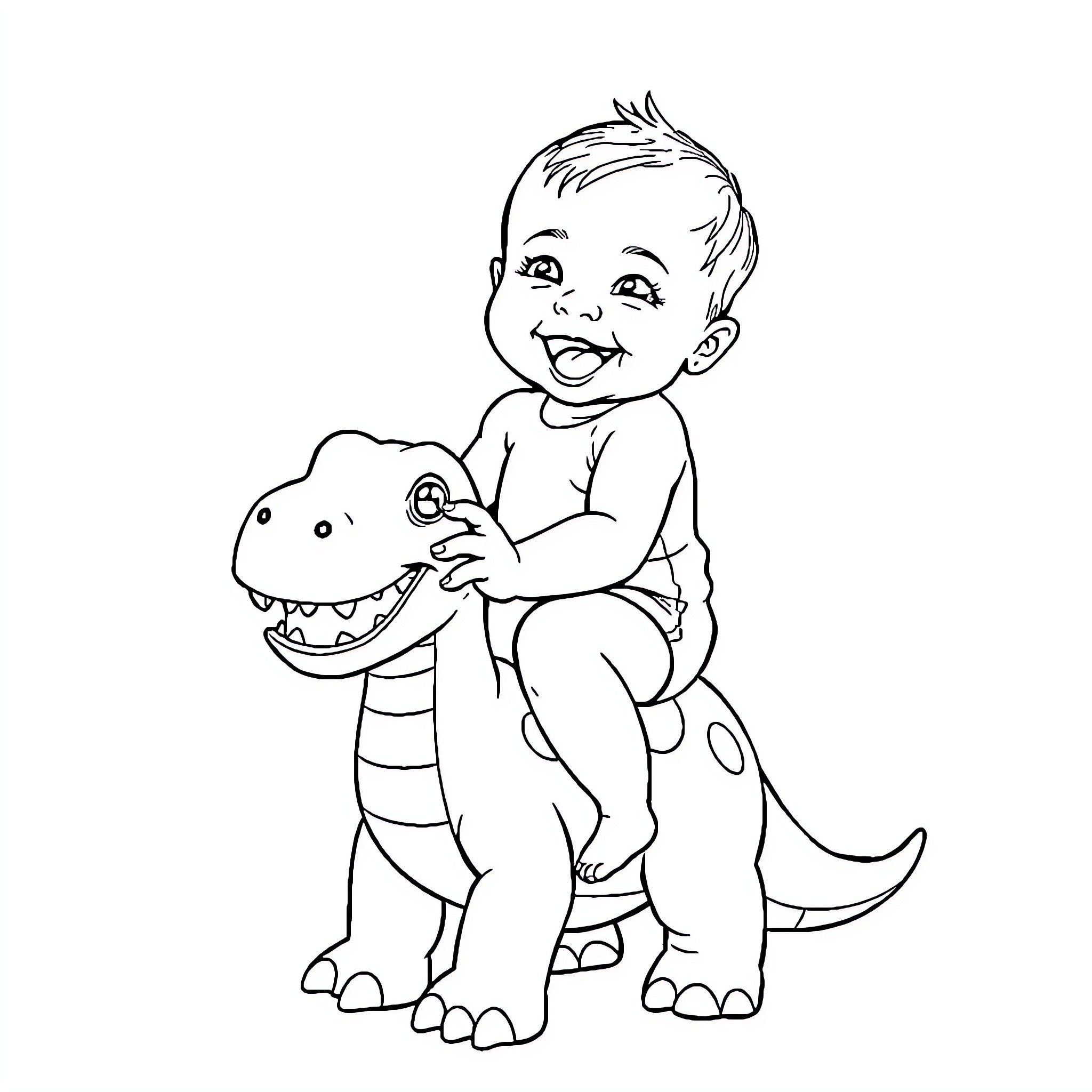 Baby playing happily with toy dinosaur Coloring Page (free black-and-white line drawing printable PDF for all, from beginners to advanced learners, including children, teens, adults, and seniors)