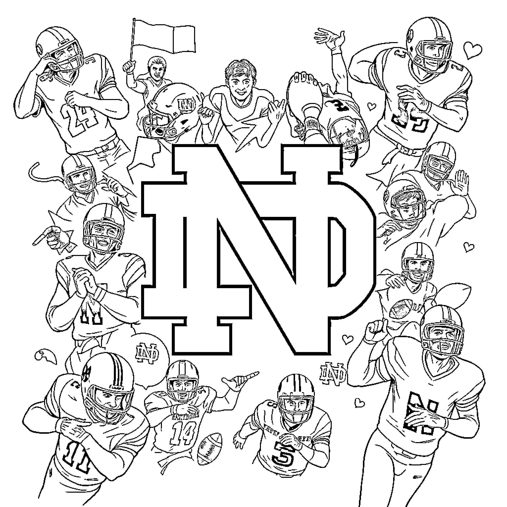 Notre-Dame: Vibrant Scenes of American Football Coloring Page (free black-and-white line drawing printable PDF for all, from beginners to advanced learners, including children, teens, adults, and seniors)