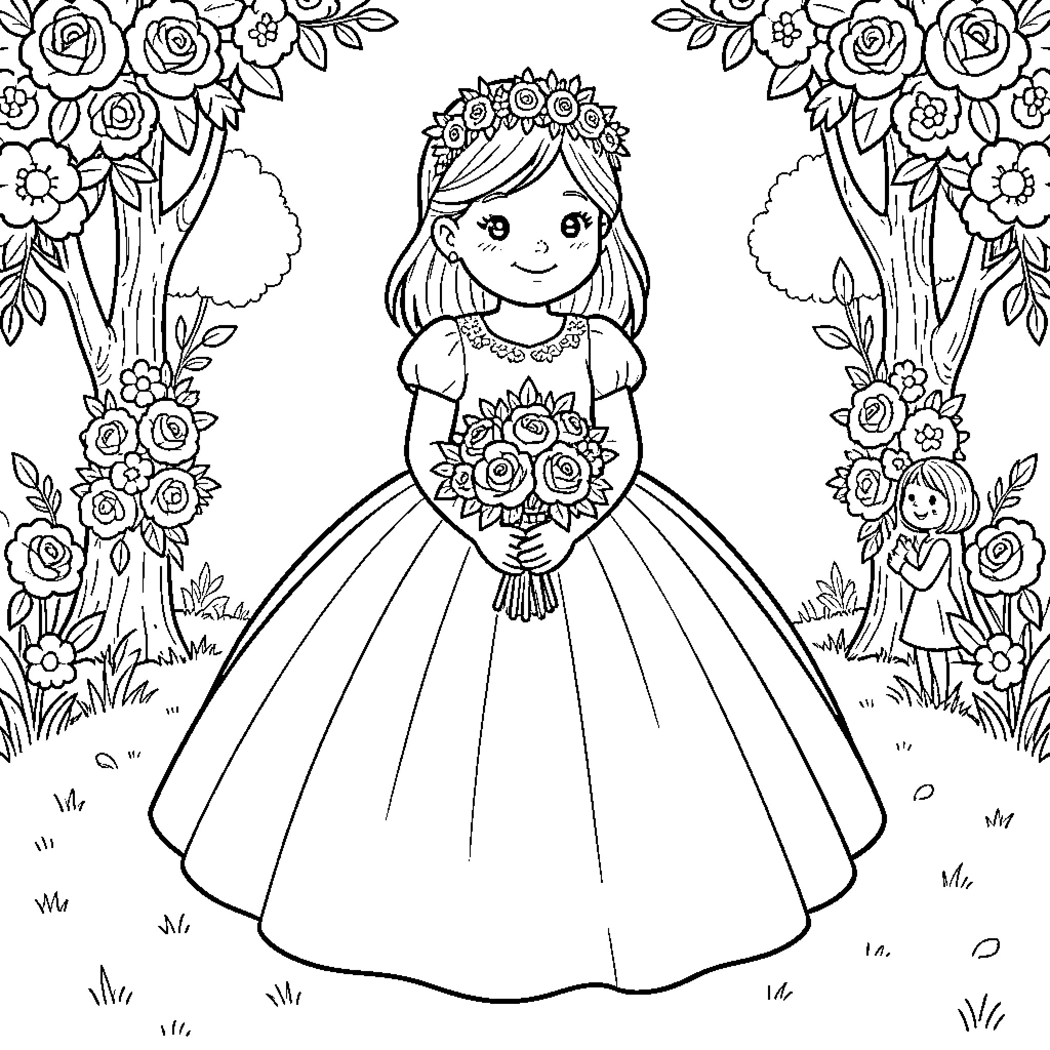 Flower Girl holding a bouquet in a garden Coloring Page (free black-and-white line drawing printable PDF for all, from beginners to advanced learners, including children, teens, adults, and seniors)
