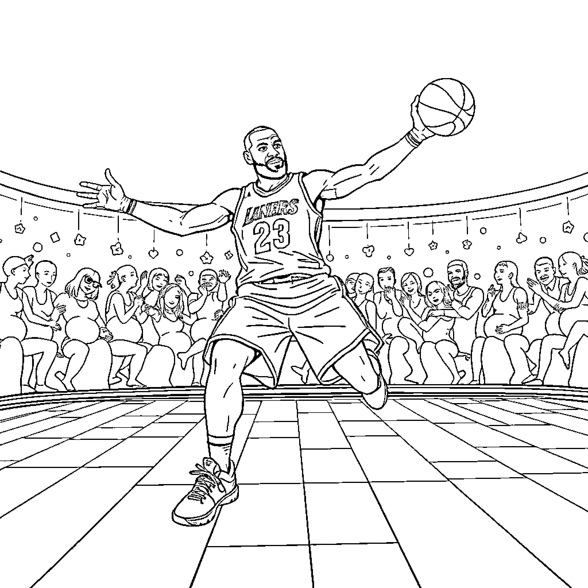 Labron James celebrating basketball victory with fans Coloring Page (free black-and-white line drawing printable PDF for all, from beginners to advanced learners, including children, teens, adults, and seniors)