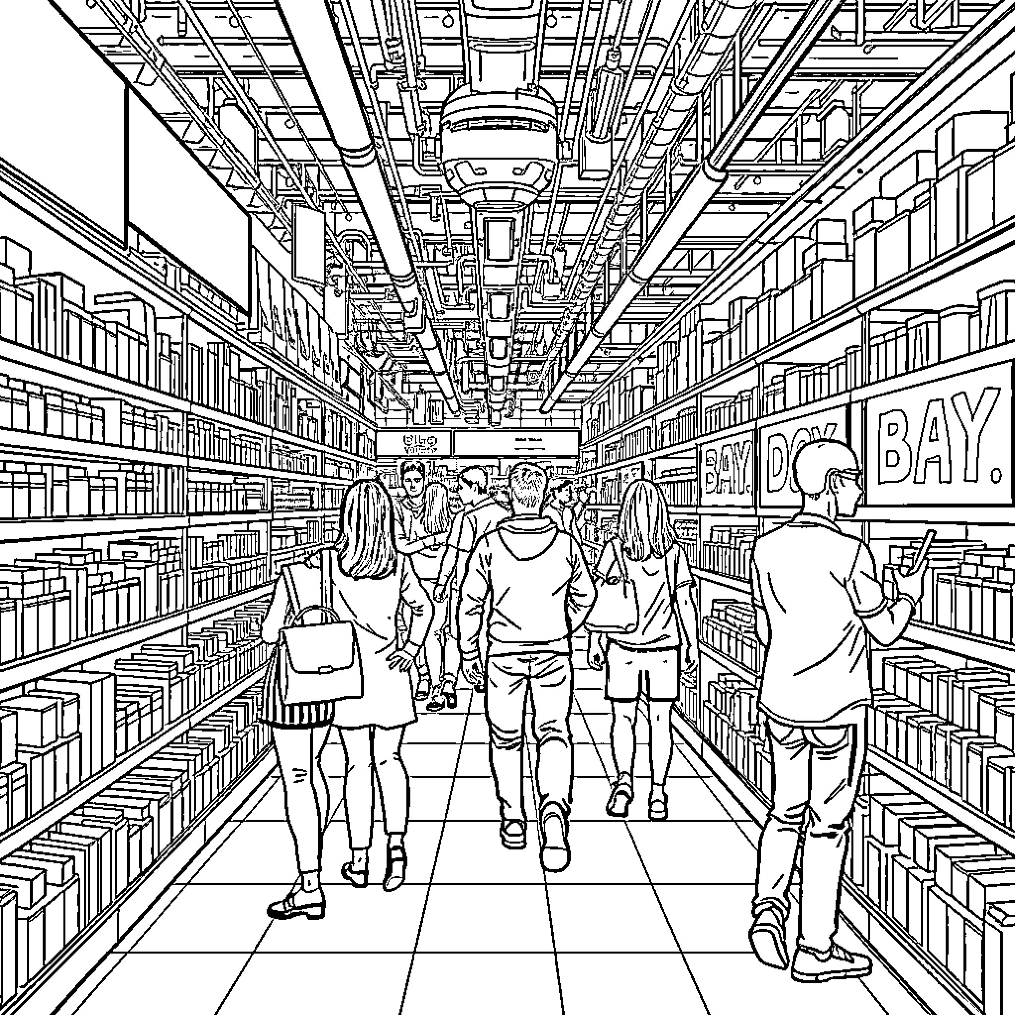 Retail Shoppers in a Crowded Supermarket Coloring Page (free black-and-white line drawing printable PDF for all, from beginners to advanced learners, including children, teens, adults, and seniors)