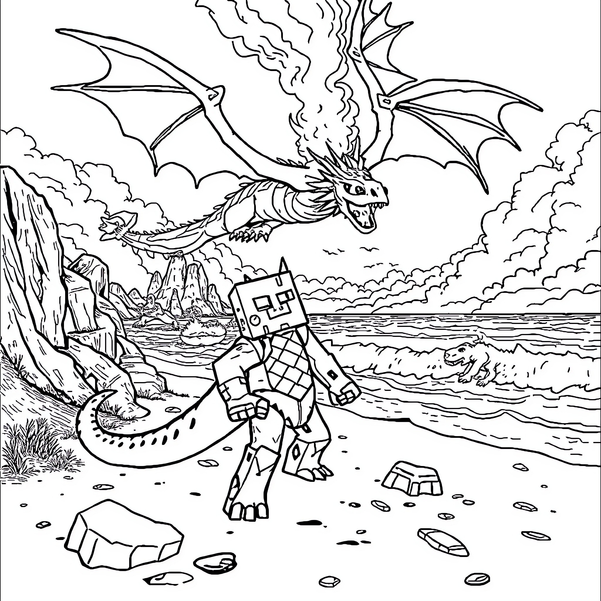 Herobrine confronting a fearsome dragon in a fantastical landscape Coloring Page (free black-and-white line drawing printable PDF for all, from beginners to advanced learners, including children, teens, adults, and seniors)