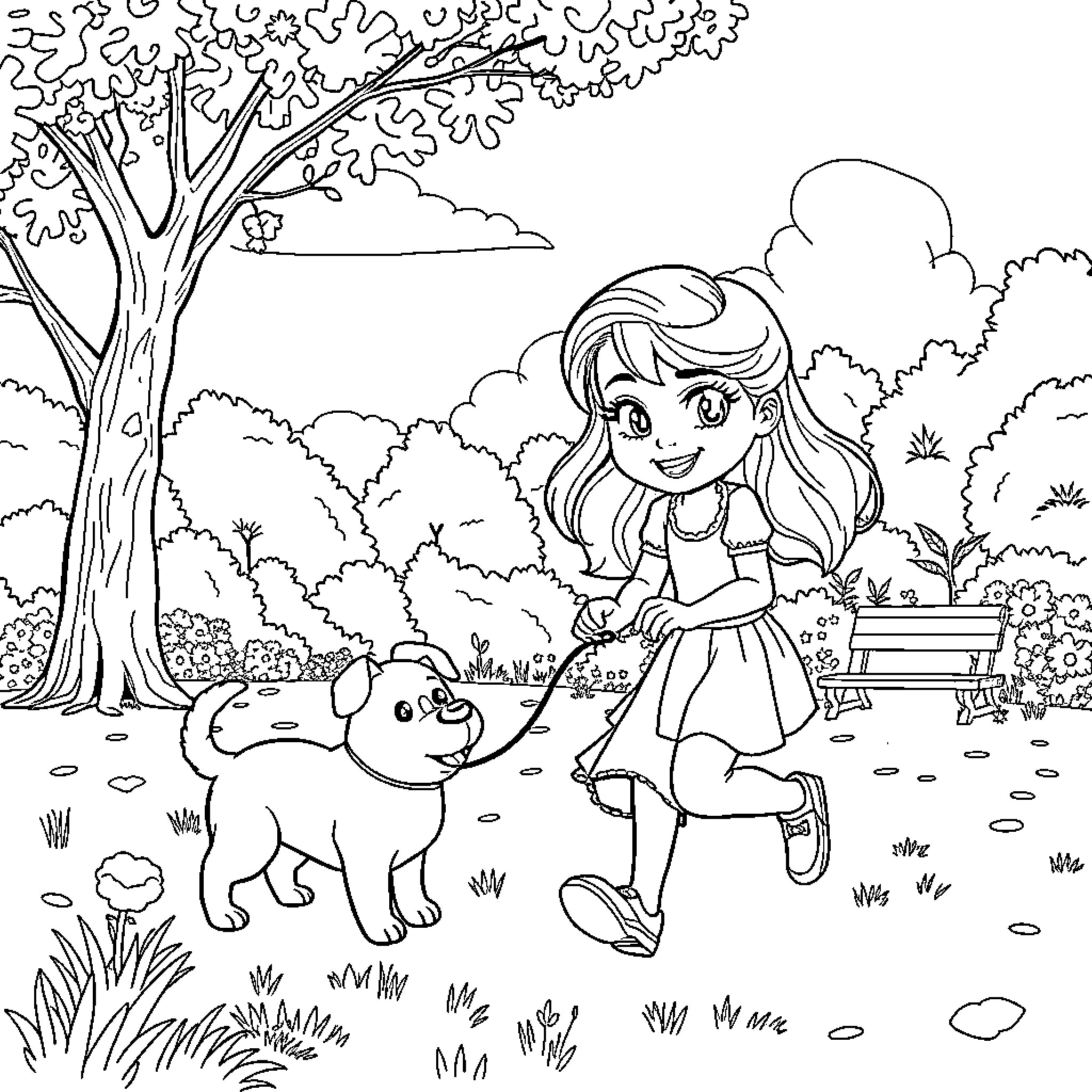 Valentina's Joyful Outdoor Adventure with Her Canine Companion Coloring Page (free black-and-white line drawing printable PDF for all, from beginners to advanced learners, including children, teens, adults, and seniors)