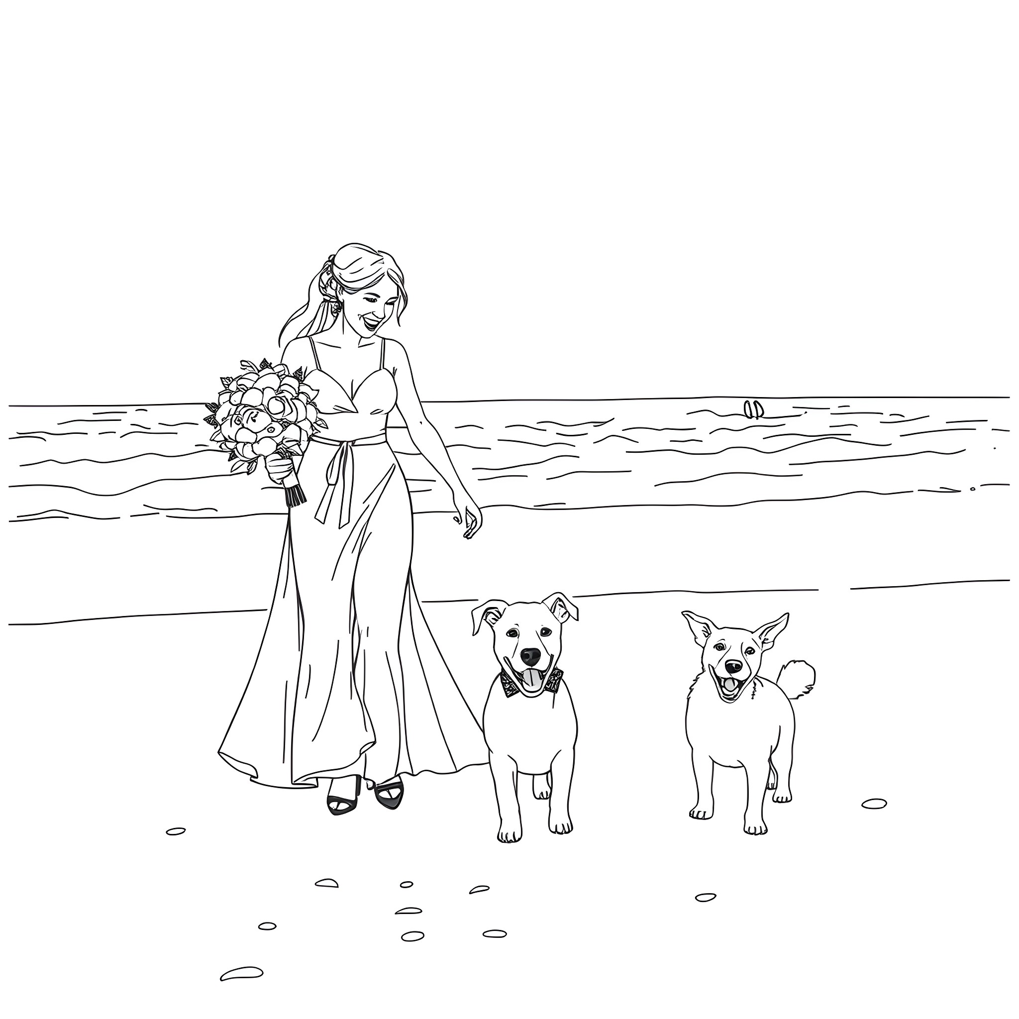 Wedding Couple Walking Happily on the Beach with Dogs Coloring Page (free black-and-white line drawing printable PDF for all, from beginners to advanced learners, including children, teens, adults, and seniors)