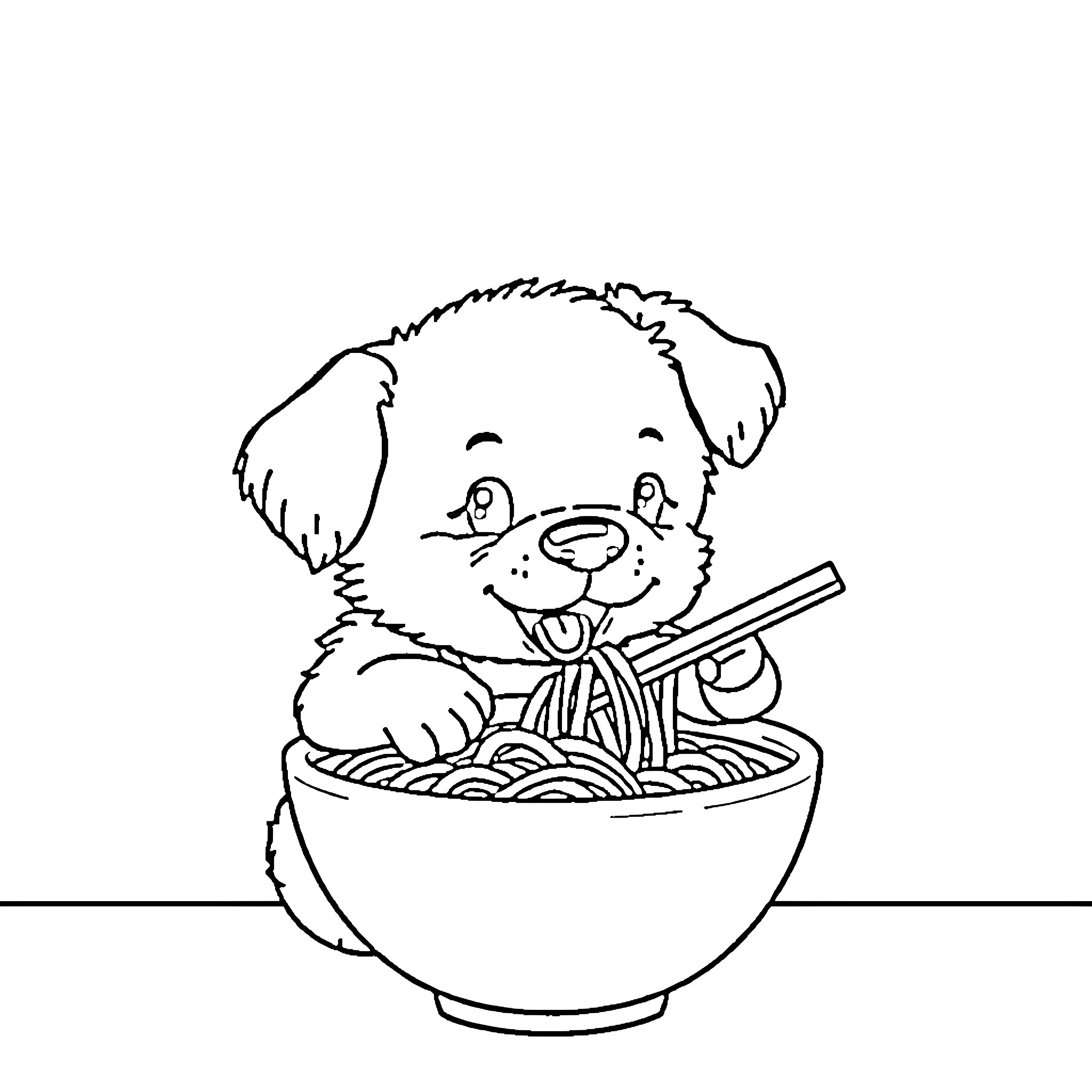 Puppy enjoying a tasty bowl of noodles Coloring Page (free black-and-white line drawing printable PDF for all, from beginners to advanced learners, including children, teens, adults, and seniors)