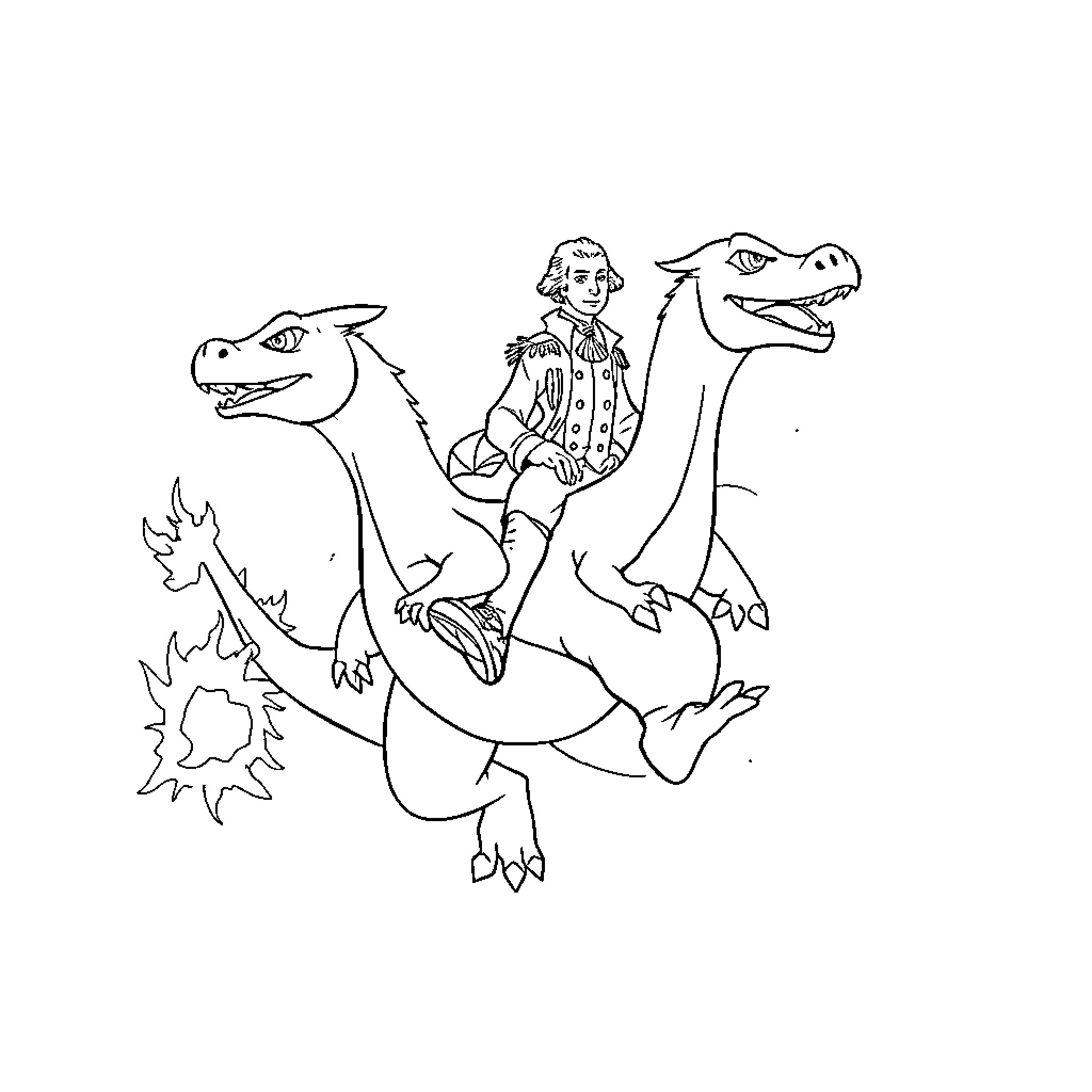 George Washington riding dinosaurs in a whimsical scene Coloring Page (free black-and-white line drawing printable PDF for all, from beginners to advanced learners, including children, teens, adults, and seniors)