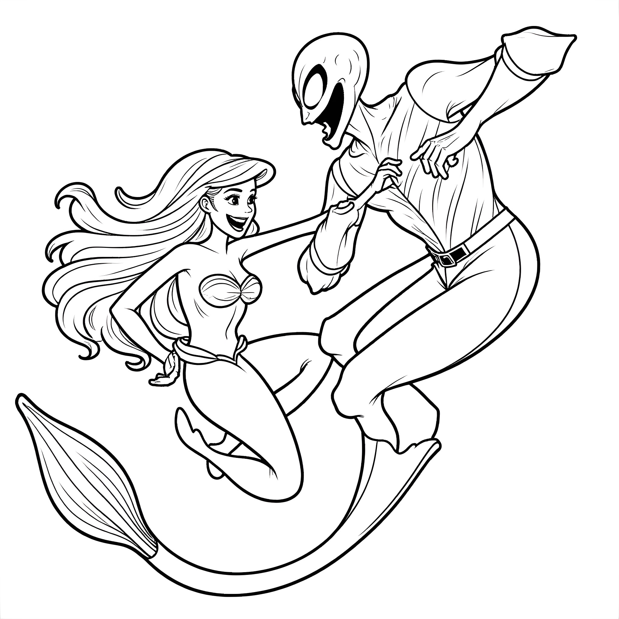 Ariel and Prince Eric in Joyful Underwater Dance Coloring Page (free black-and-white line drawing printable PDF for all, from beginners to advanced learners, including children, teens, adults, and seniors)