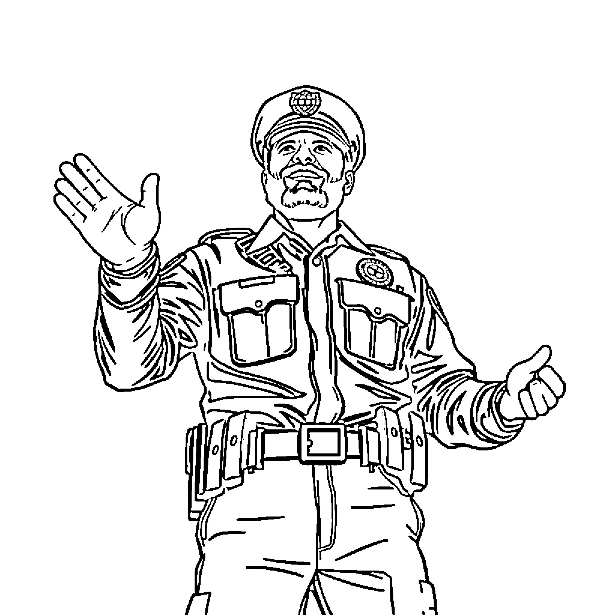 Police Bodyguard in Uniform Gesturing Coloring Page (free black-and-white line drawing printable PDF for all, from beginners to advanced learners, including children, teens, adults, and seniors)