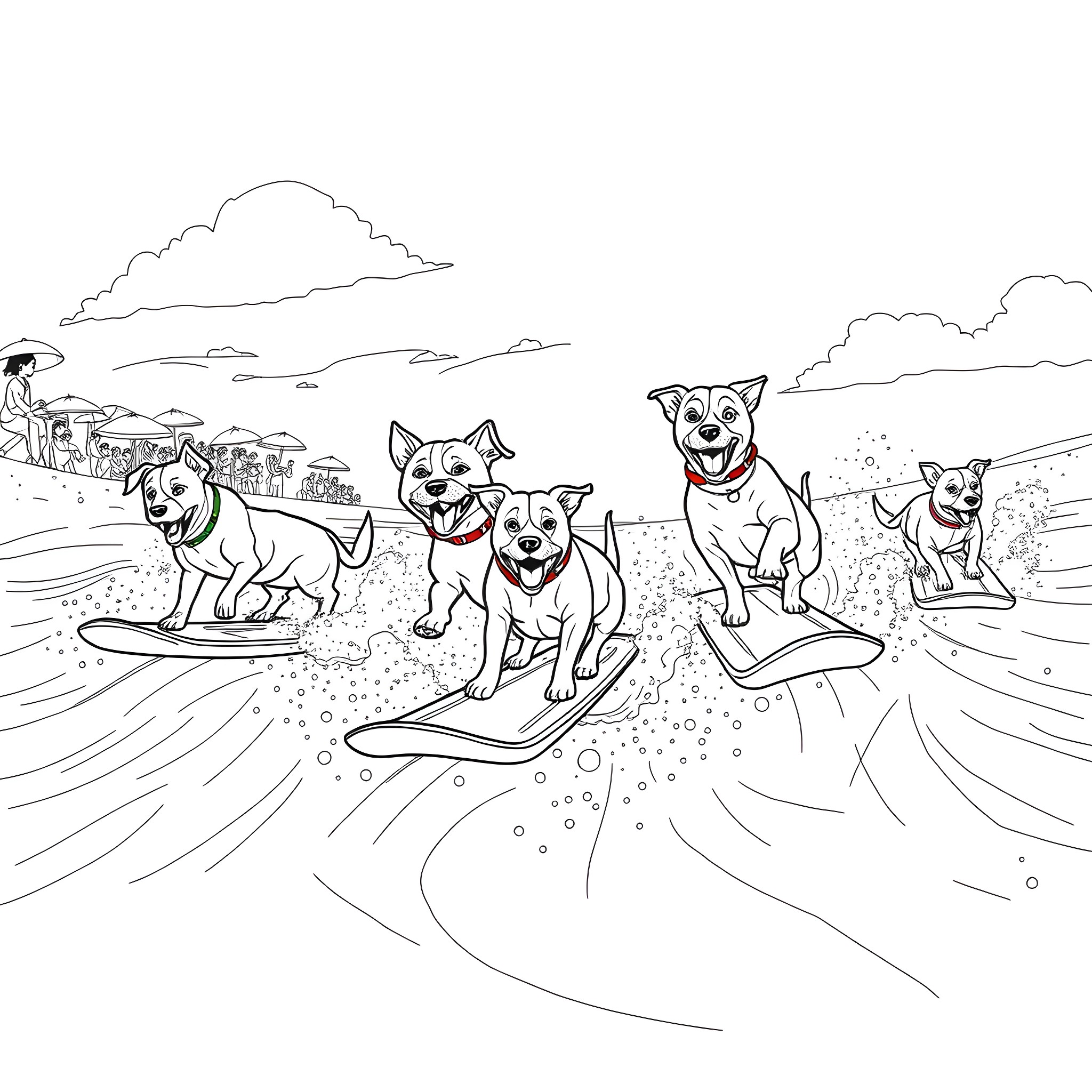 Dogs surfing happily on the waves Coloring Page (free black-and-white line drawing printable PDF for all, from beginners to advanced learners, including children, teens, adults, and seniors)