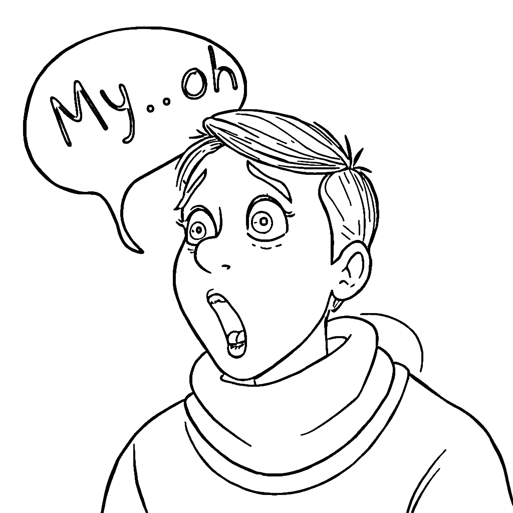 My Ah My Exasperated Boy Expressing Dismay Coloring Page (free black-and-white line drawing printable PDF for all, from beginners to advanced learners, including children, teens, adults, and seniors)