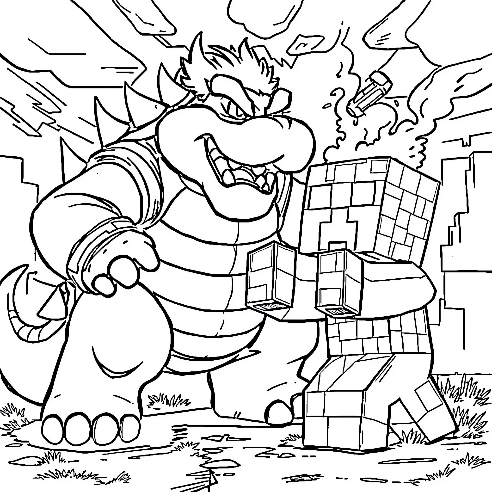 Bowser Wreaking Havoc in the City Coloring Page (free black-and-white line drawing printable PDF for all, from beginners to advanced learners, including children, teens, adults, and seniors)