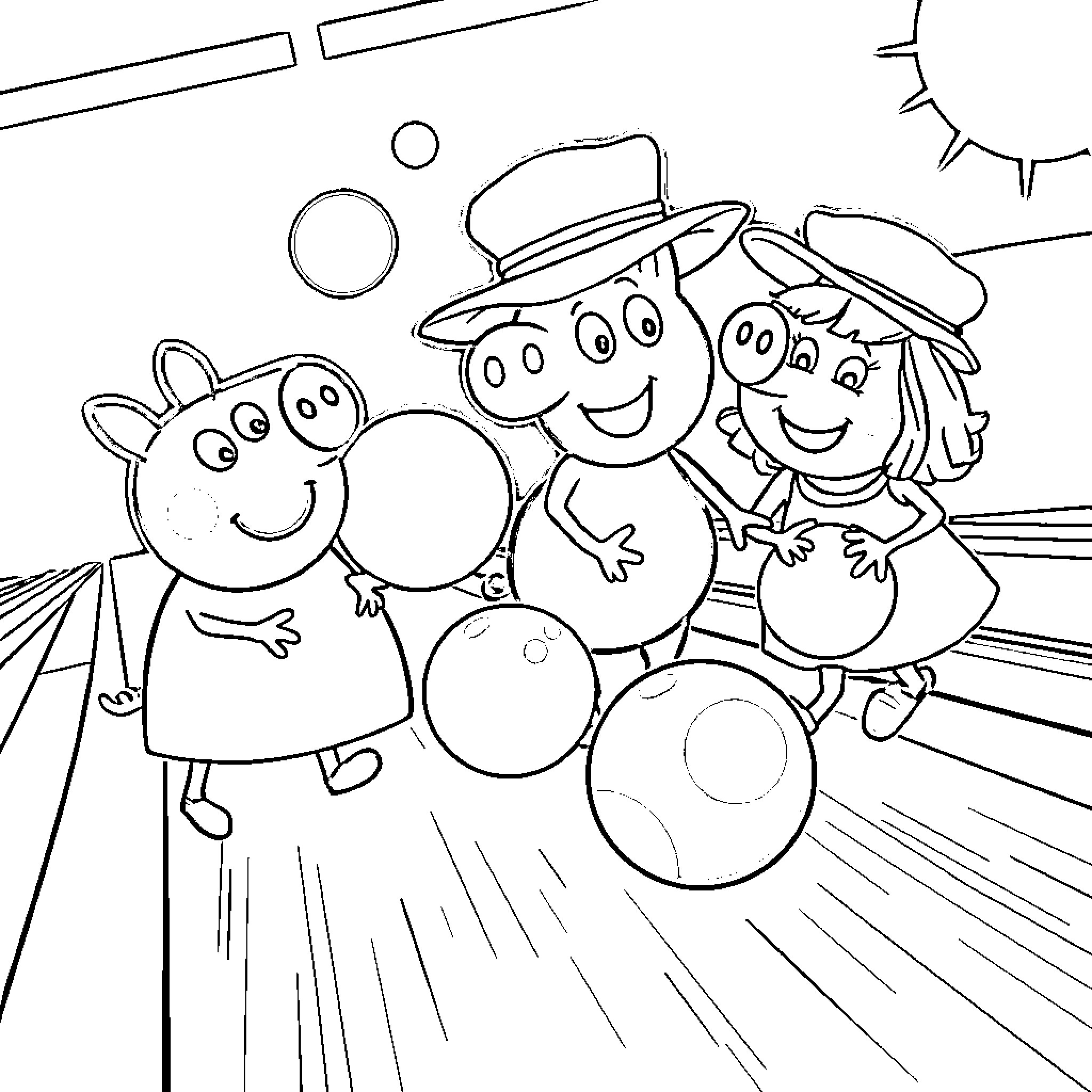 Pig family playing happily with snowballs Coloring Page (free black-and-white line drawing printable PDF for all, from beginners to advanced learners, including children, teens, adults, and seniors)