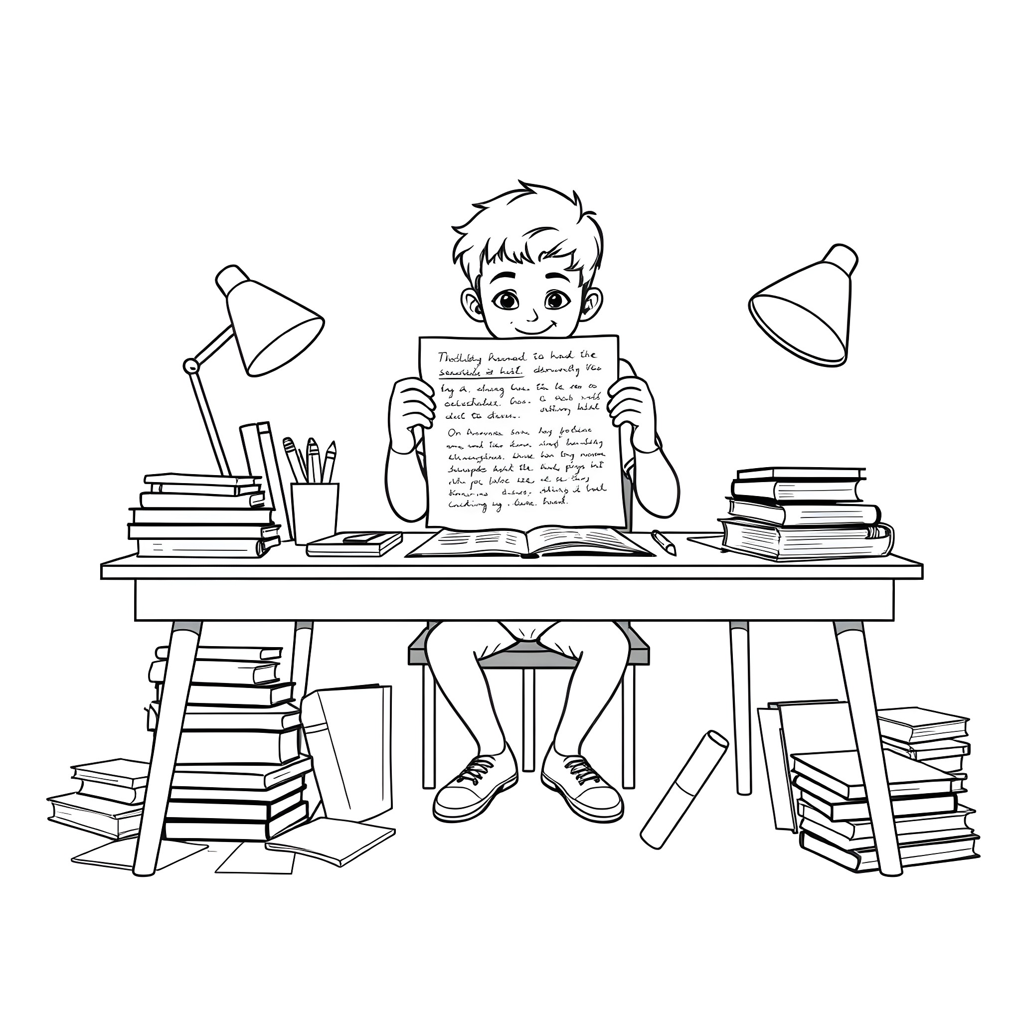 Student studying intently at desk surrounded by books Coloring Page (free black-and-white line drawing printable PDF for all, from beginners to advanced learners, including children, teens, adults, and seniors)