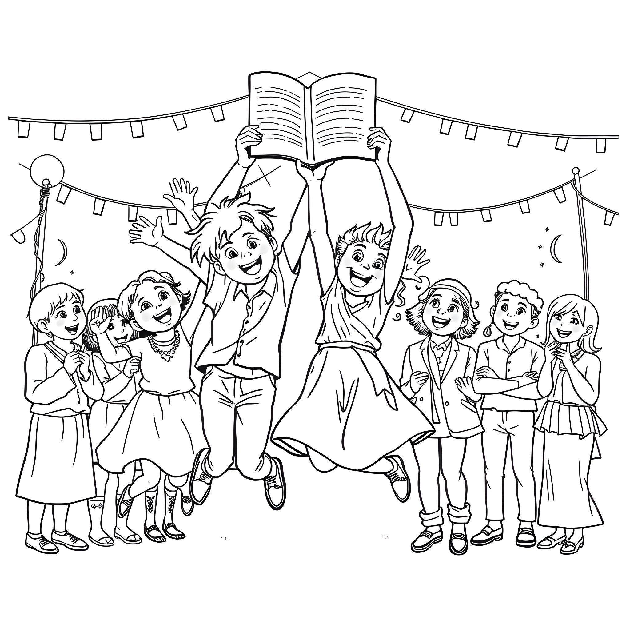 Kid Reading Book with Excited Friends Coloring Page (free black-and-white line drawing printable PDF for all, from beginners to advanced learners, including children, teens, adults, and seniors)