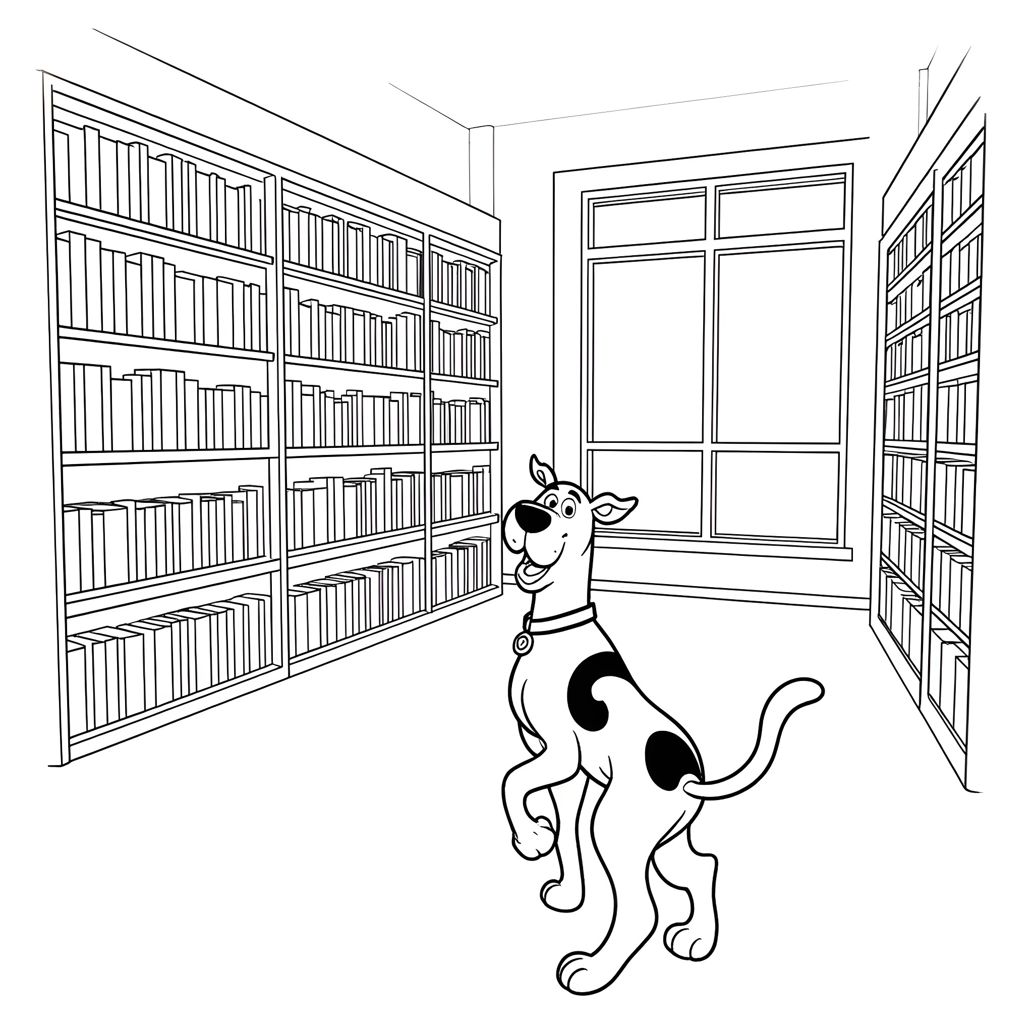 Scooby Doo exploring a cozy library Coloring Page (free black-and-white line drawing printable PDF for all, from beginners to advanced learners, including children, teens, adults, and seniors)