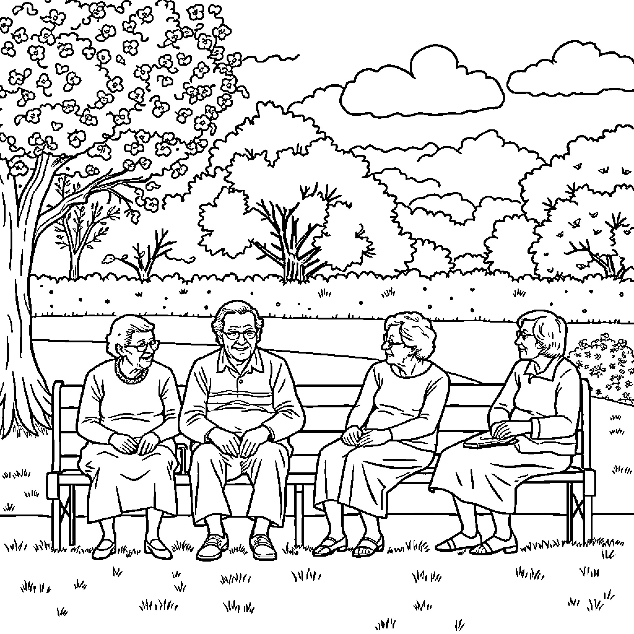 Old People Enjoying a Peaceful Afternoon Outdoors Coloring Page (free black-and-white line drawing printable PDF for all, from beginners to advanced learners, including children, teens, adults, and seniors)