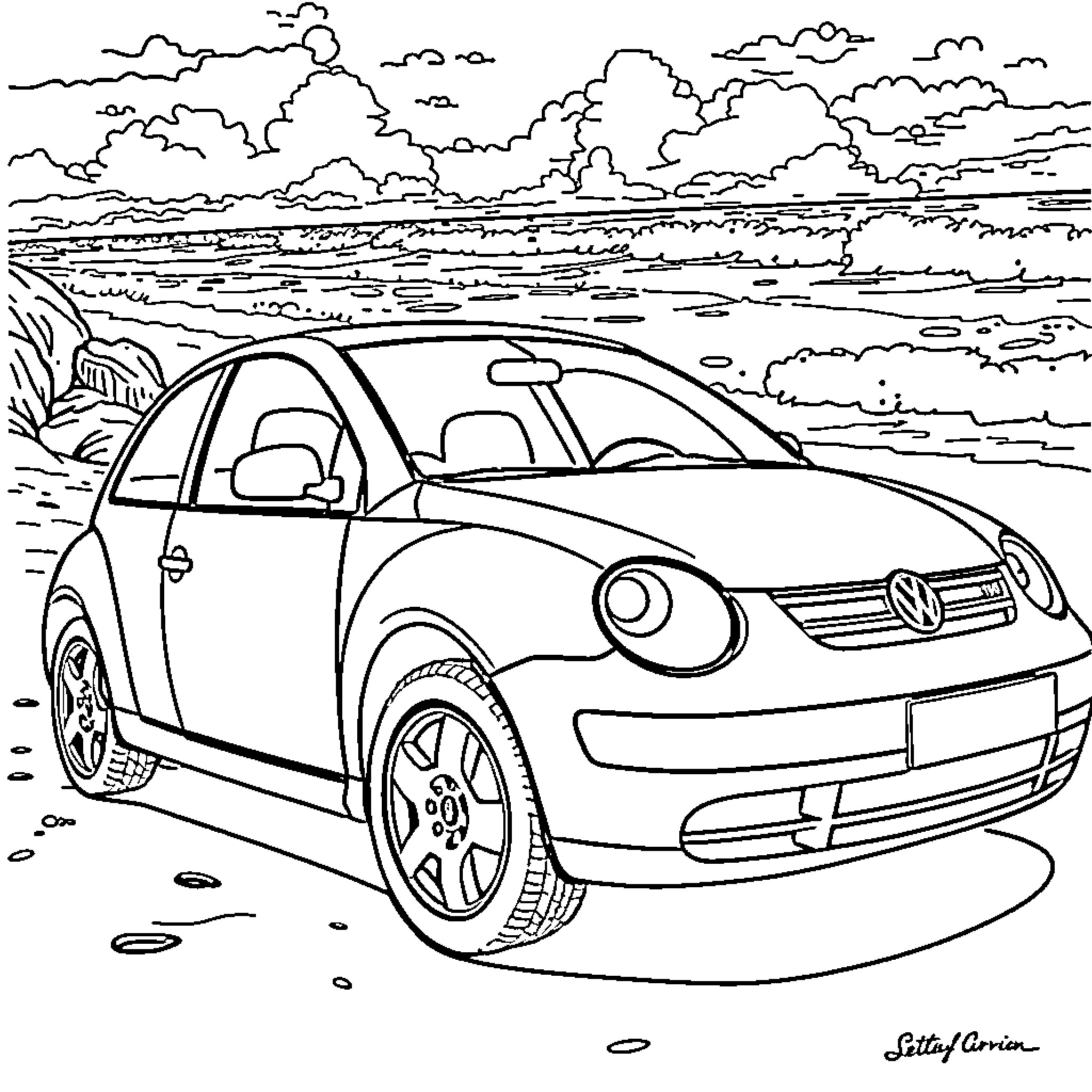 VW Bora parked on beach with cloudy sky Coloring Page (free black-and-white line drawing printable PDF for all, from beginners to advanced learners, including children, teens, adults, and seniors)
