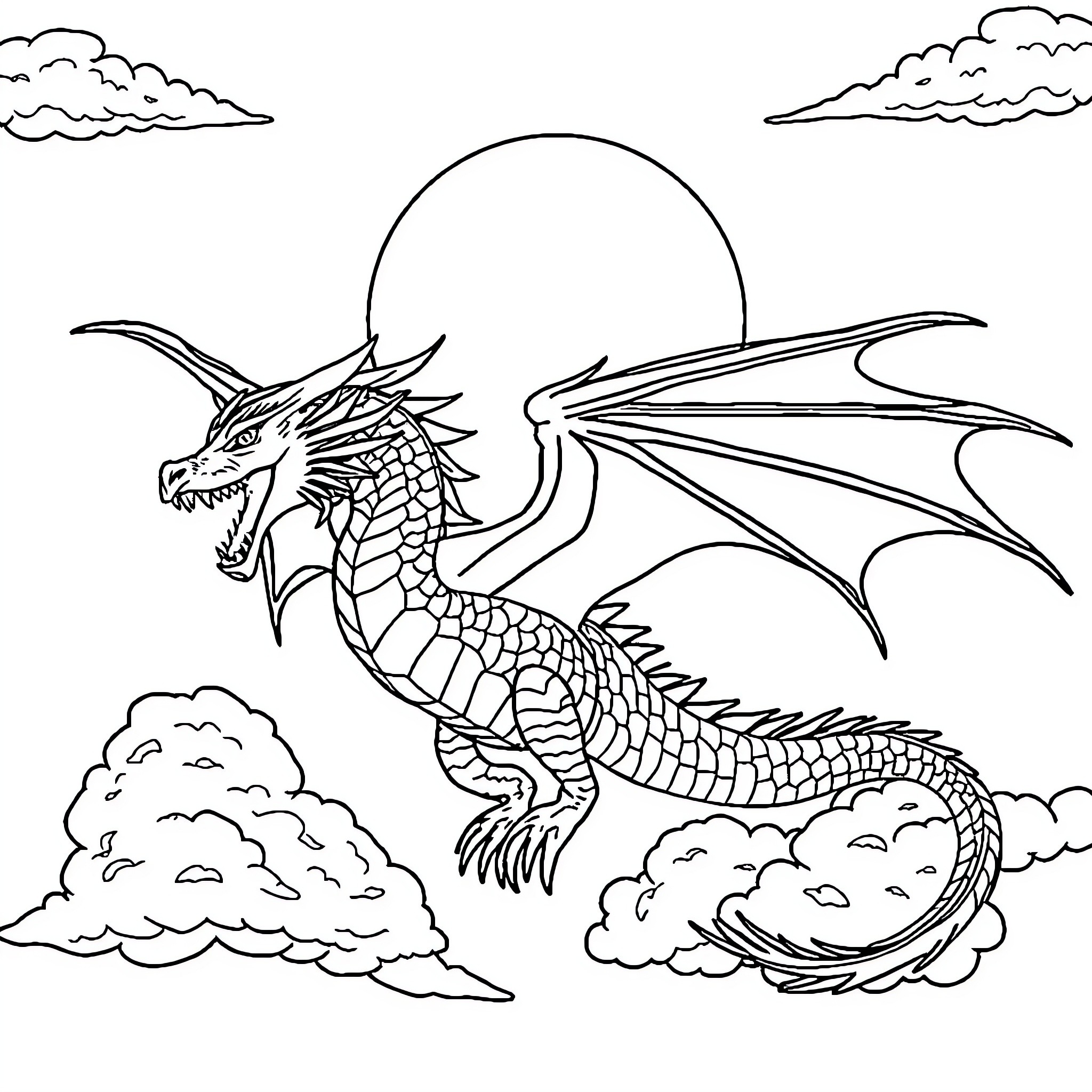 Dragon soaring in the sky above the clouds Coloring Page (free black-and-white line drawing printable PDF for all, from beginners to advanced learners, including children, teens, adults, and seniors)