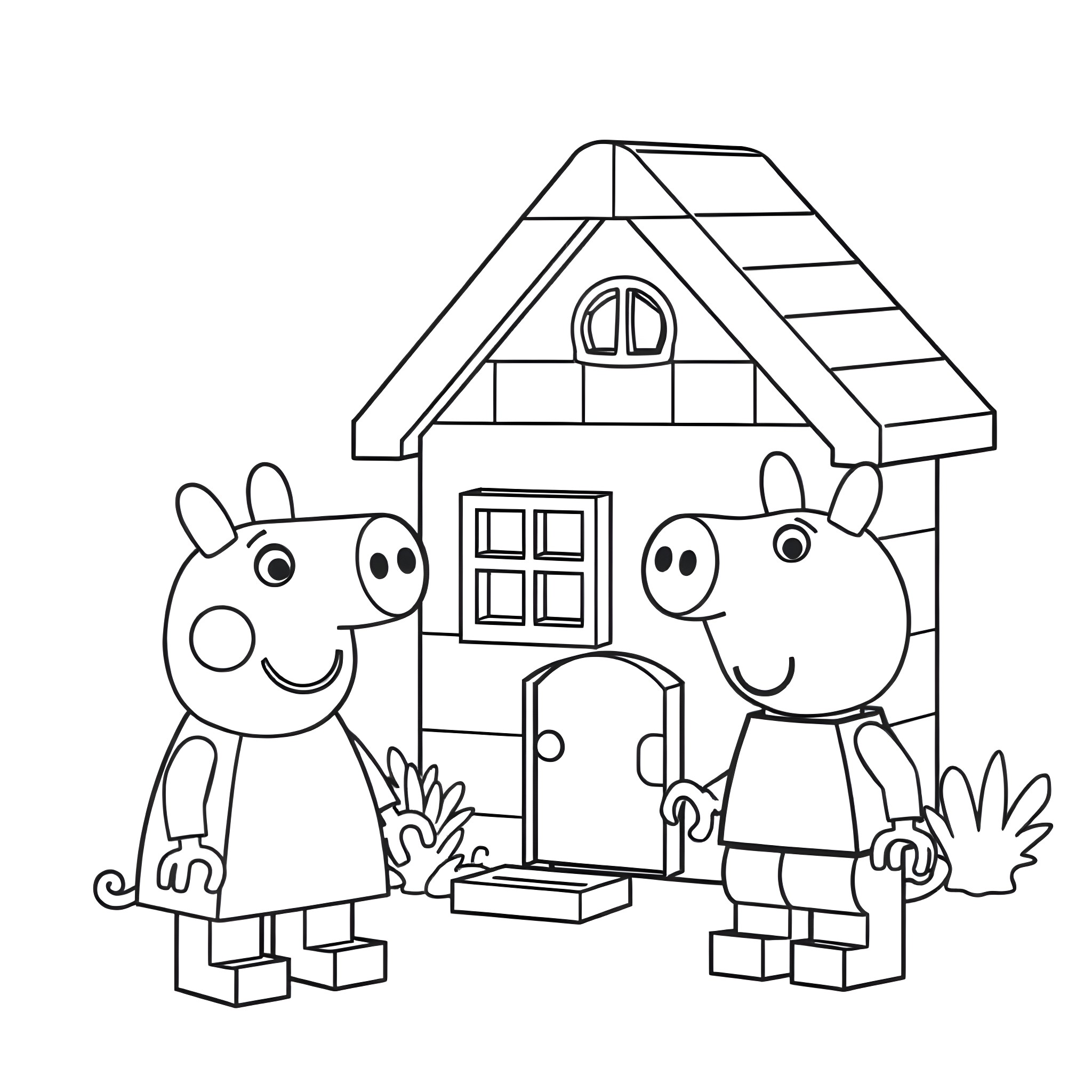 Peppa Pig and friends playing near their cottage Coloring Page (free black-and-white line drawing printable PDF for all, from beginners to advanced learners, including children, teens, adults, and seniors)