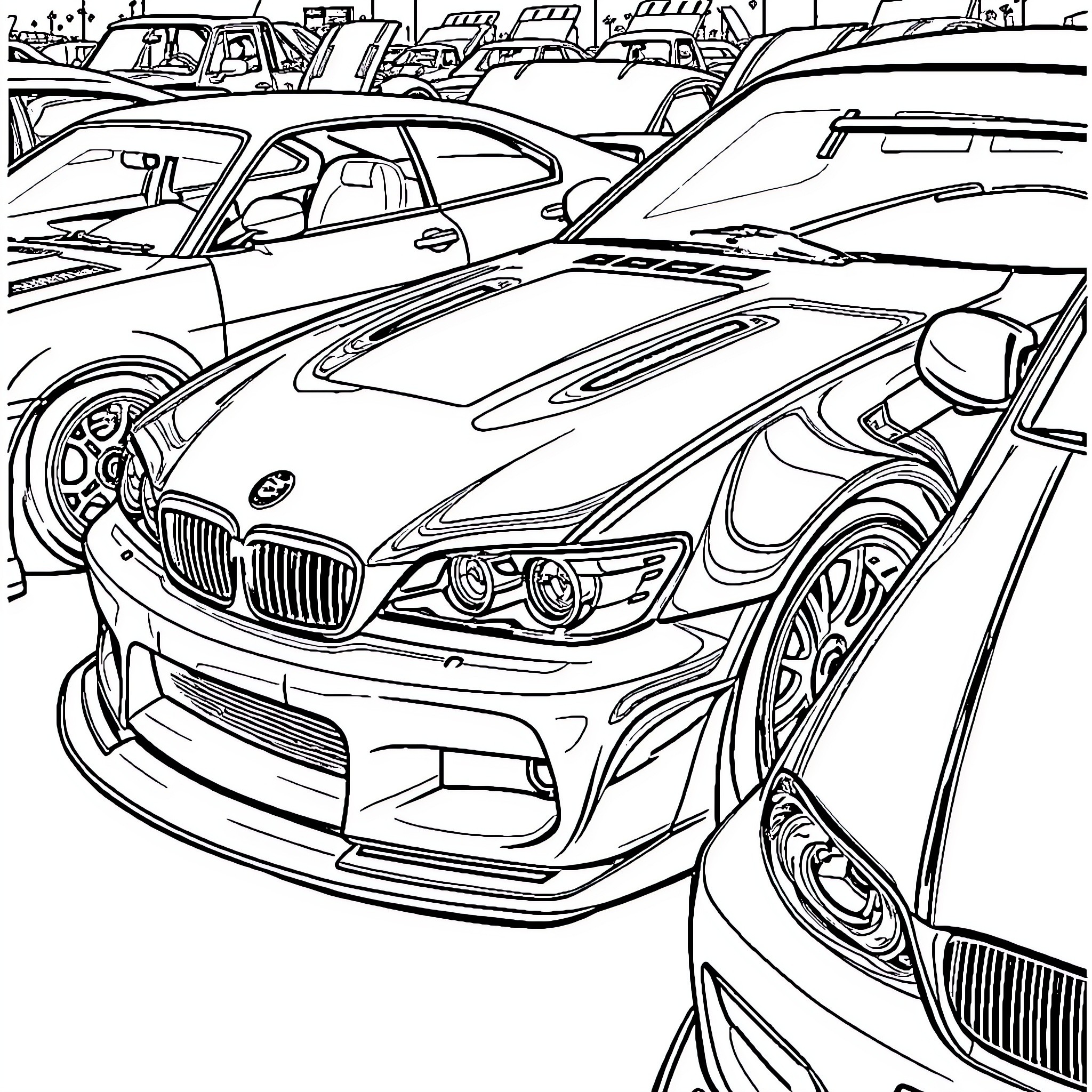 Modified Cars Parked in Organized Lot Coloring Page (free black-and-white line drawing printable PDF for all, from beginners to advanced learners, including children, teens, adults, and seniors)