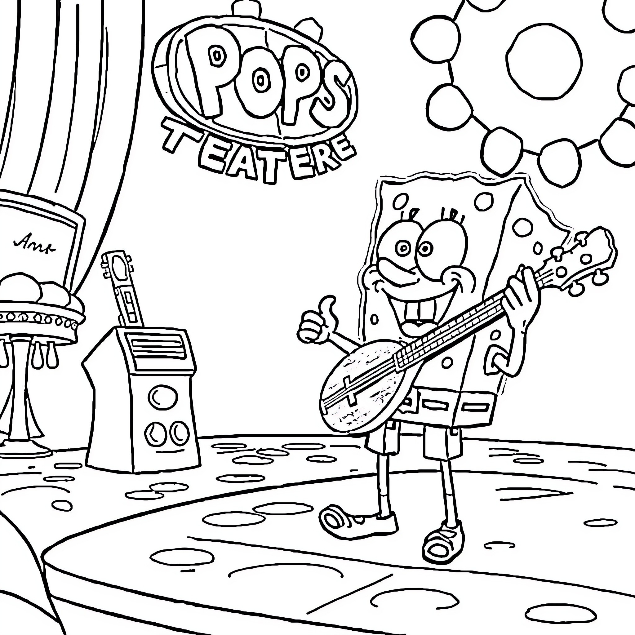 Spongebob Plays Guitar in Pops Teater Coloring Page (free black-and-white line drawing printable PDF for all, from beginners to advanced learners, including children, teens, adults, and seniors)