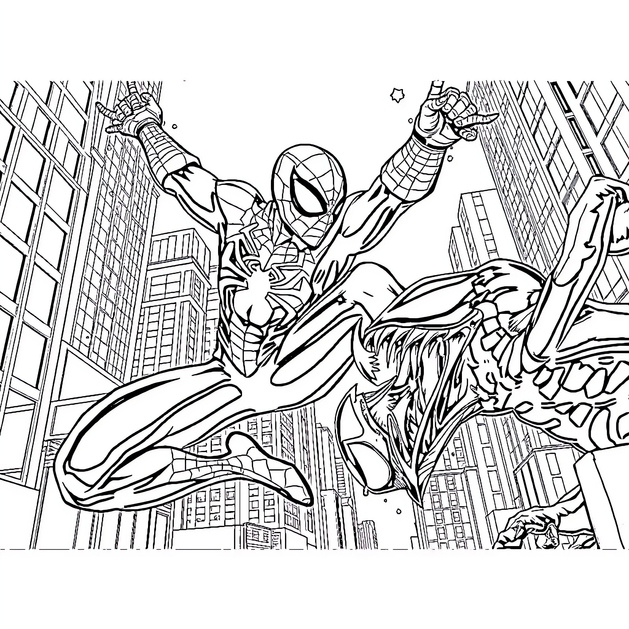 Spiderman Swinging Through the City Coloring Page (free black-and-white line drawing printable PDF for all, from beginners to advanced learners, including children, teens, adults, and seniors)