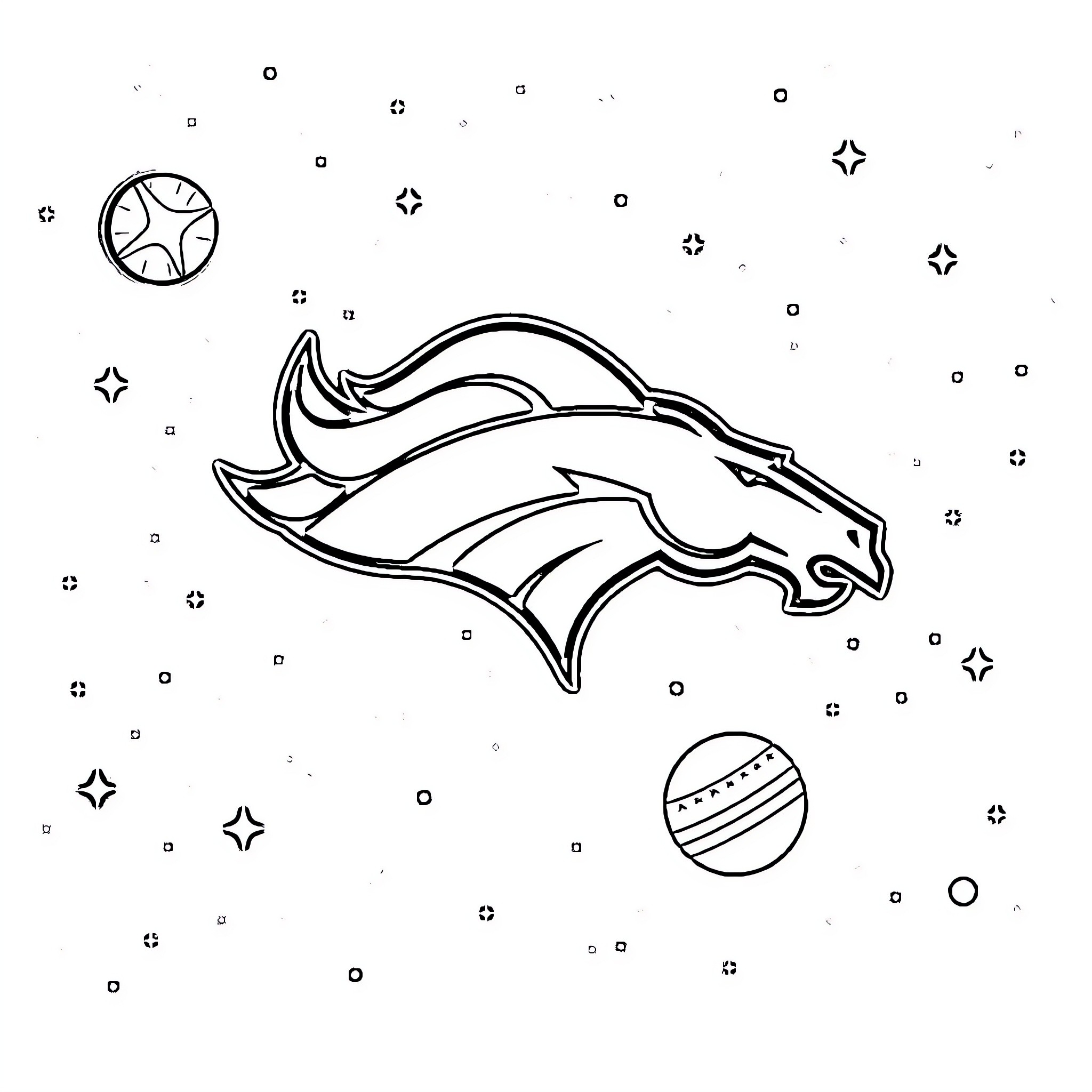 Broncos team logo floating in the cosmos Coloring Page (free black-and-white line drawing printable PDF for all, from beginners to advanced learners, including children, teens, adults, and seniors)