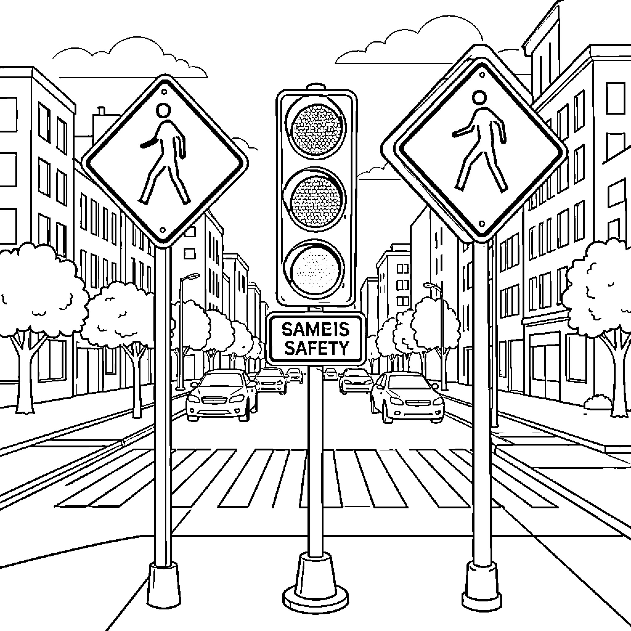 Crossing the street at a city pedestrian intersection Coloring Page (free black-and-white line drawing printable PDF for all, from beginners to advanced learners, including children, teens, adults, and seniors)