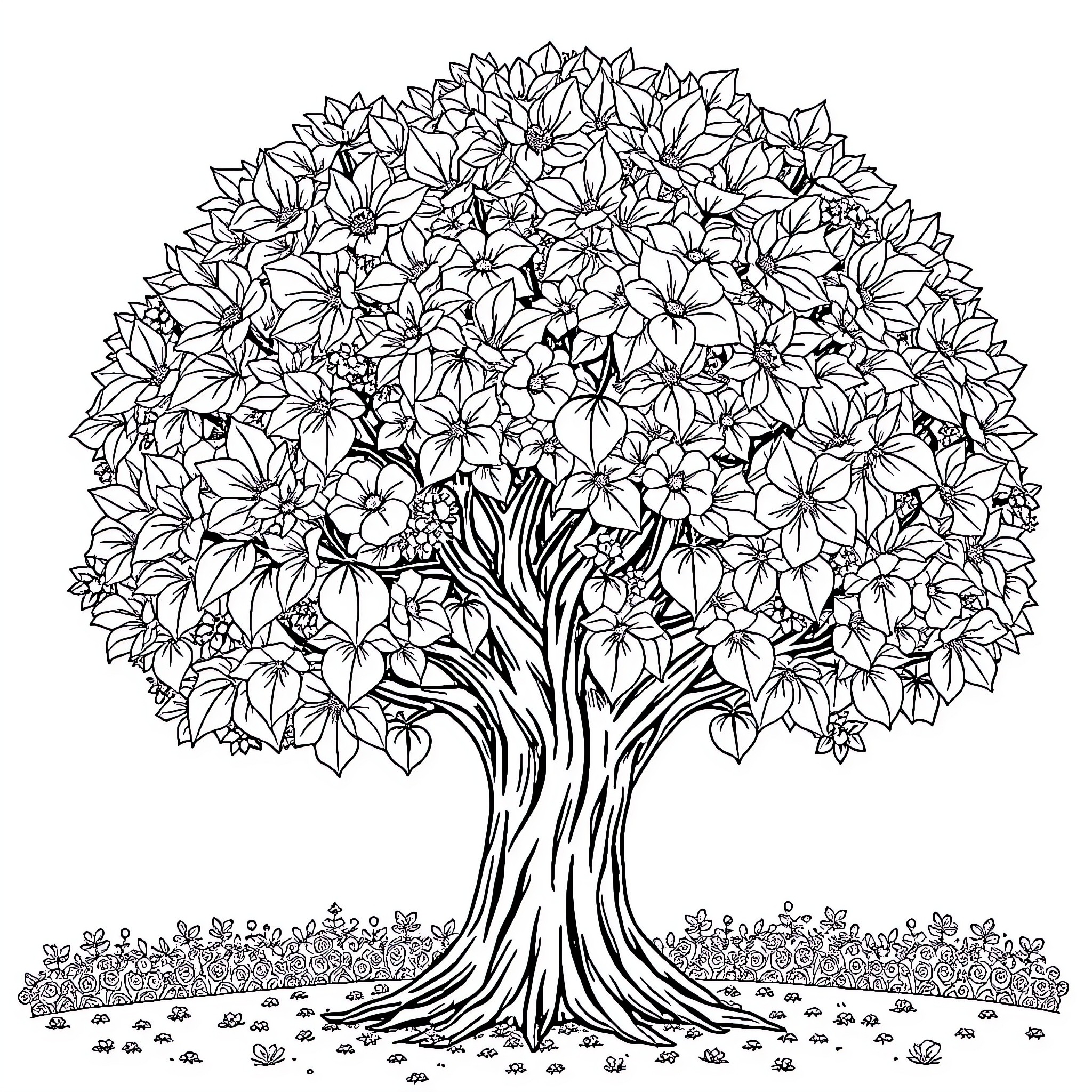 Árbol with lush floral growth and intricate patterns Coloring Page (free black-and-white line drawing printable PDF for all, from beginners to advanced learners, including children, teens, adults, and seniors)