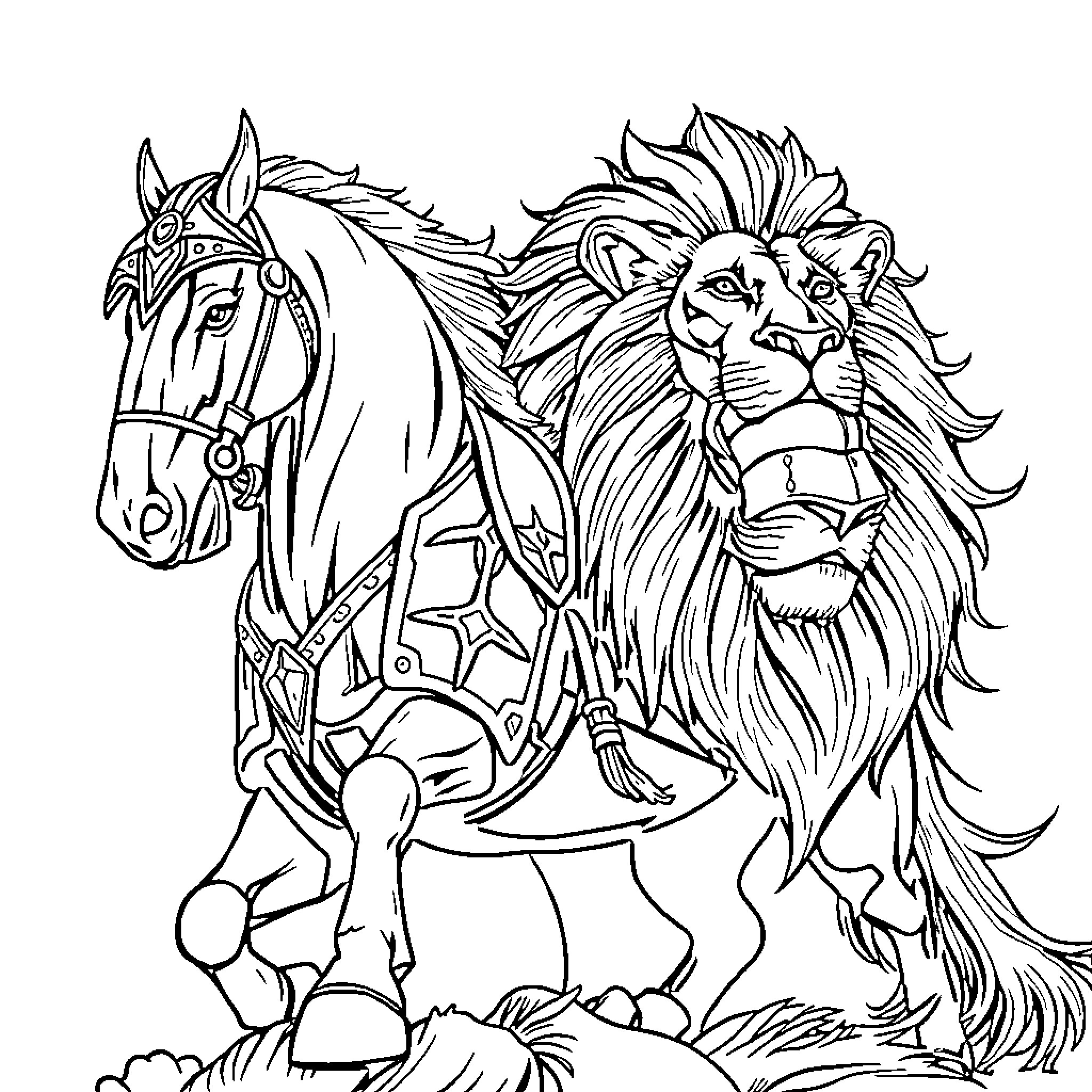 Knight riding a mighty steed with a fearsome lion companion Coloring Page (free black-and-white line drawing printable PDF for all, from beginners to advanced learners, including children, teens, adults, and seniors)