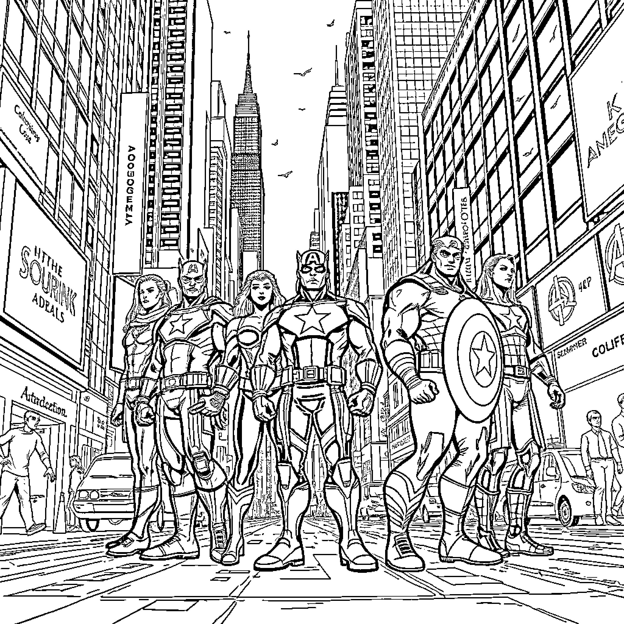 Avengers Assembling in the City Streets Coloring Page (free black-and-white line drawing printable PDF for all, from beginners to advanced learners, including children, teens, adults, and seniors)
