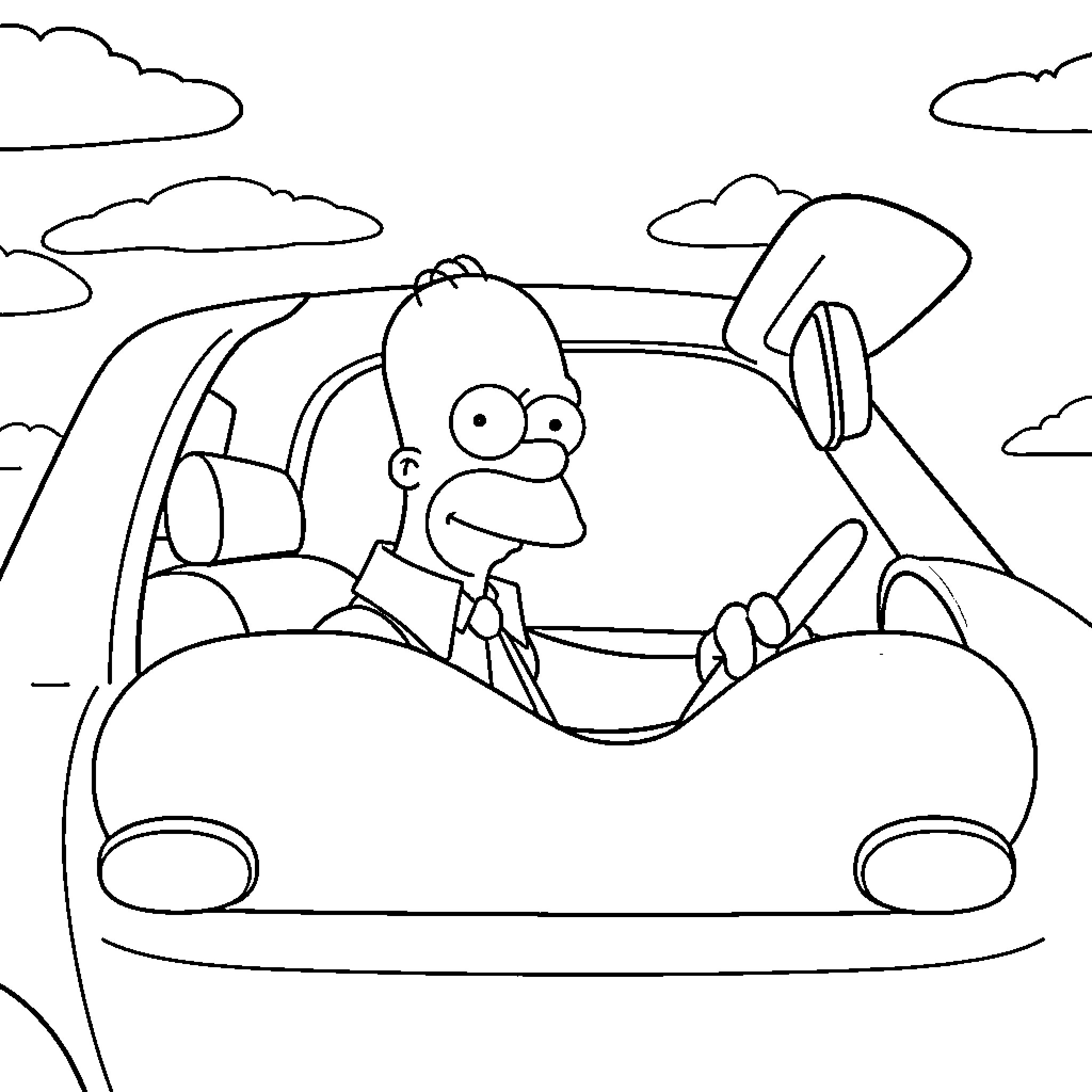 Homer drives his car happily on the road Coloring Page (free black-and-white line drawing printable PDF for all, from beginners to advanced learners, including children, teens, adults, and seniors)