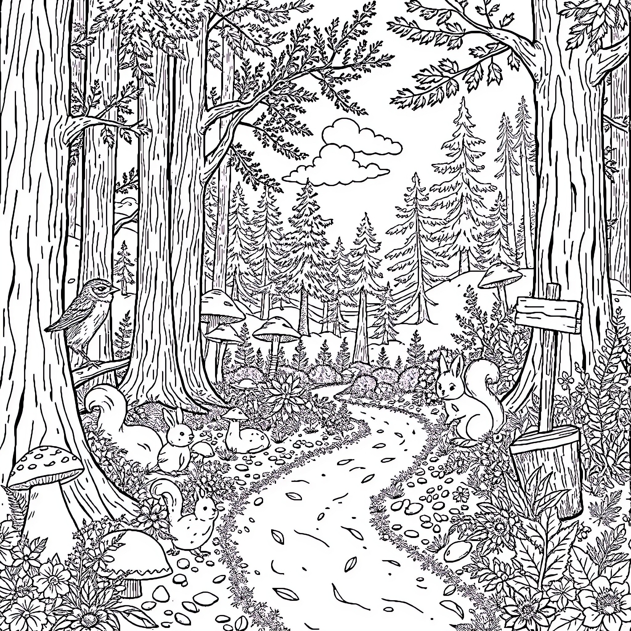 Forest scene with animals and nature Coloring Page (free black-and-white line drawing printable PDF for all, from beginners to advanced learners, including children, teens, adults, and seniors)