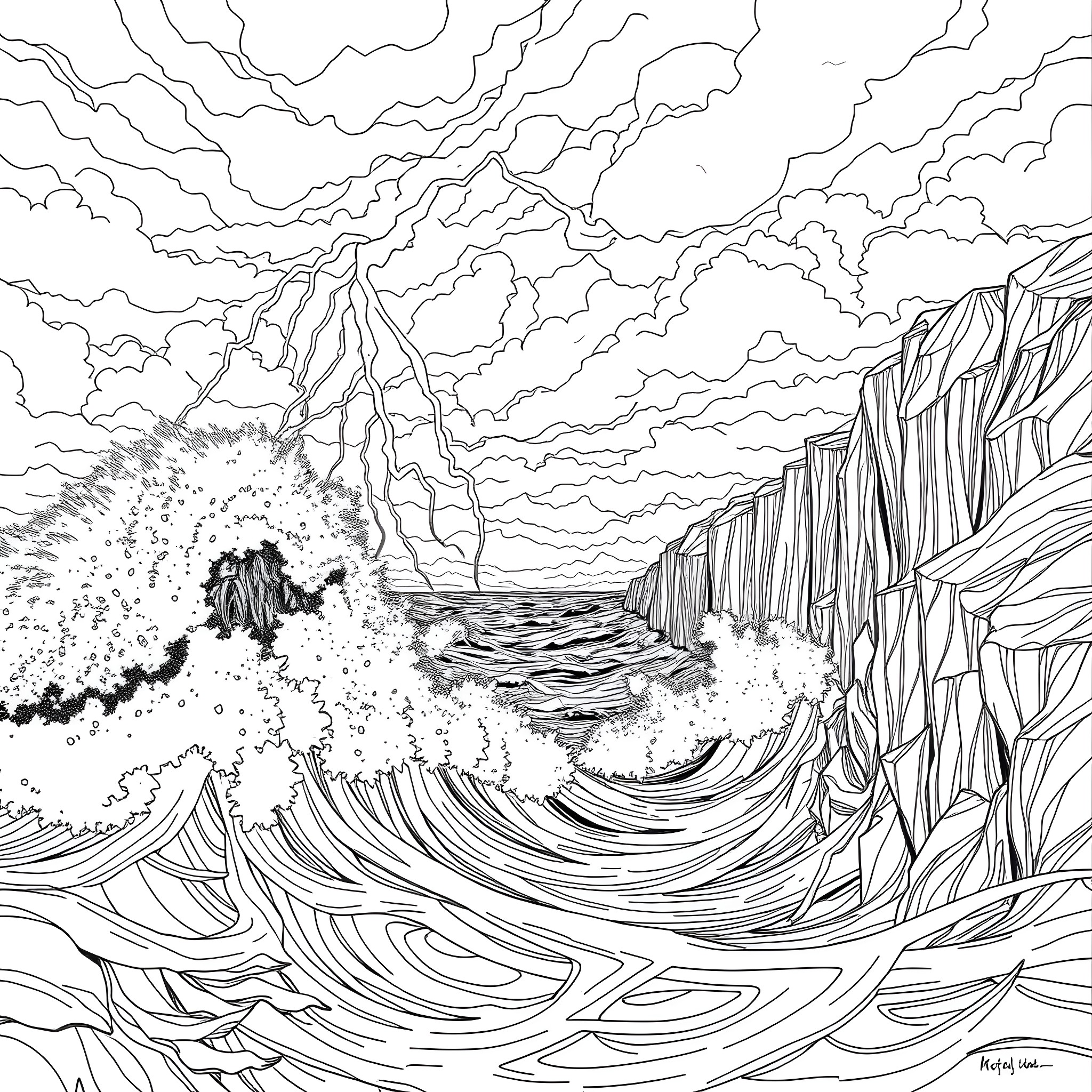 Ocean Waves Crashing Against Rocky Cliffs Coloring Page (free black-and-white line drawing printable PDF for all, from beginners to advanced learners, including children, teens, adults, and seniors)