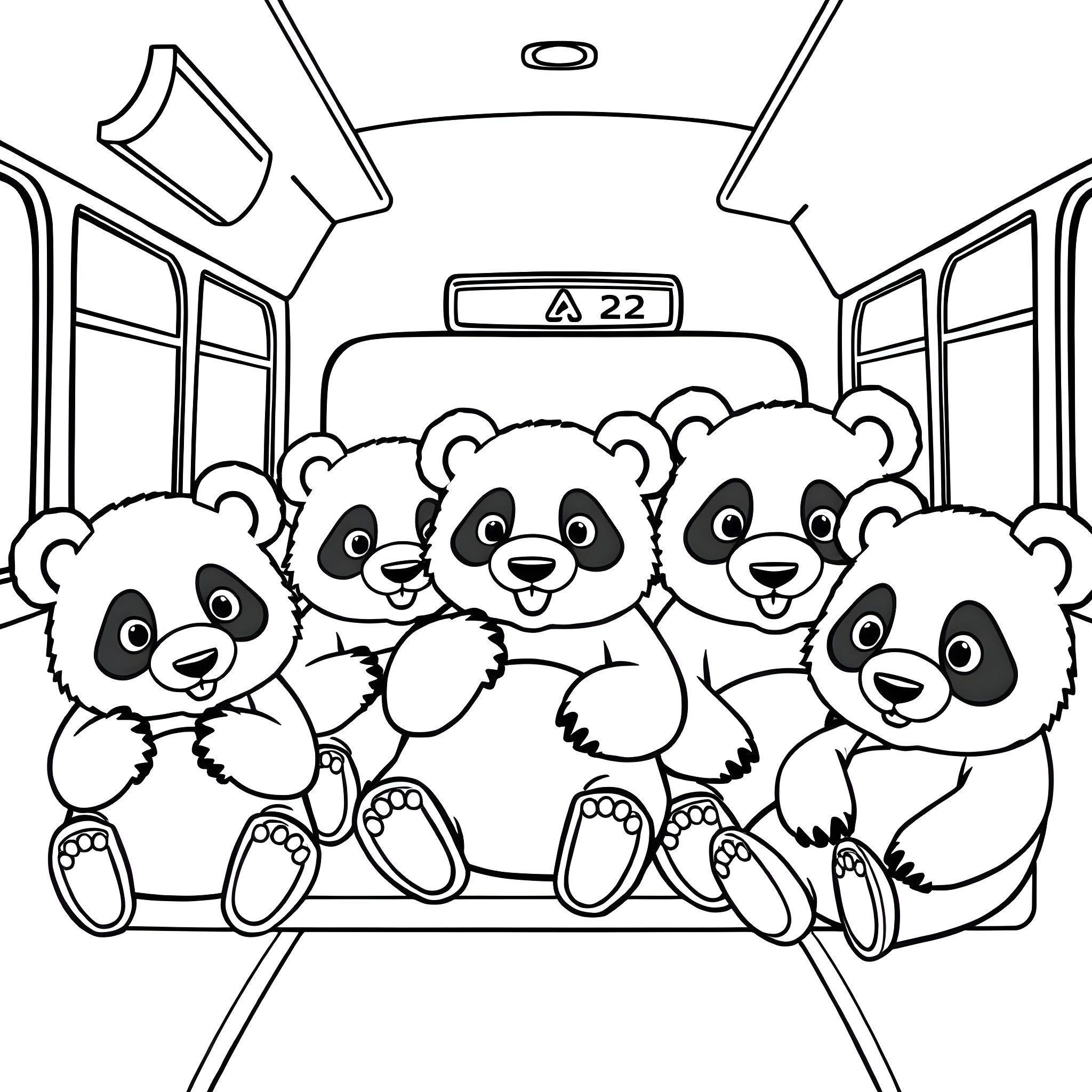 Panda cubs riding a bus together Coloring Page (free black-and-white line drawing printable PDF for all, from beginners to advanced learners, including children, teens, adults, and seniors)