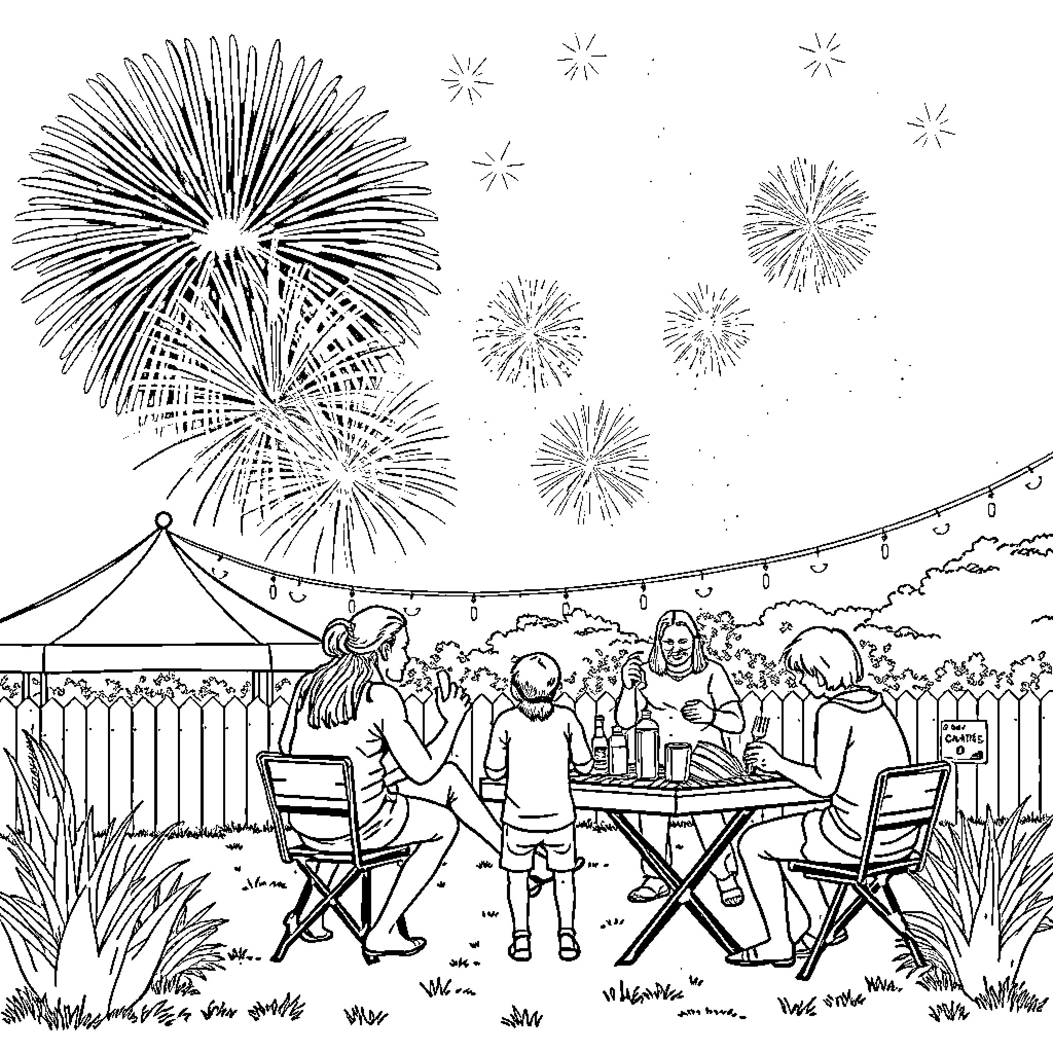 July 4th family gathering with fireworks display Coloring Page (free black-and-white line drawing printable PDF for all, from beginners to advanced learners, including children, teens, adults, and seniors)