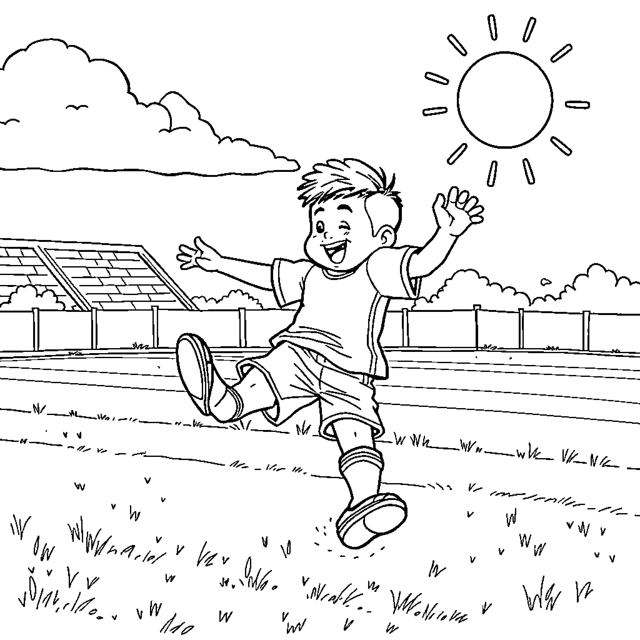Tanjiro Kamado Jumping Joyfully in the Sunny Outdoors Coloring Page (free black-and-white line drawing printable PDF for all, from beginners to advanced learners, including children, teens, adults, and seniors)