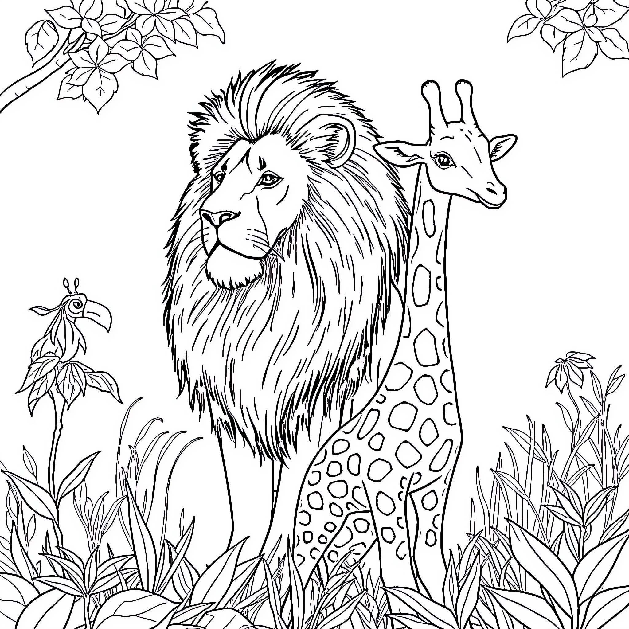 Lion and giraffe in vibrant jungle landscape Coloring Page (free black-and-white line drawing printable PDF for all, from beginners to advanced learners, including children, teens, adults, and seniors)
