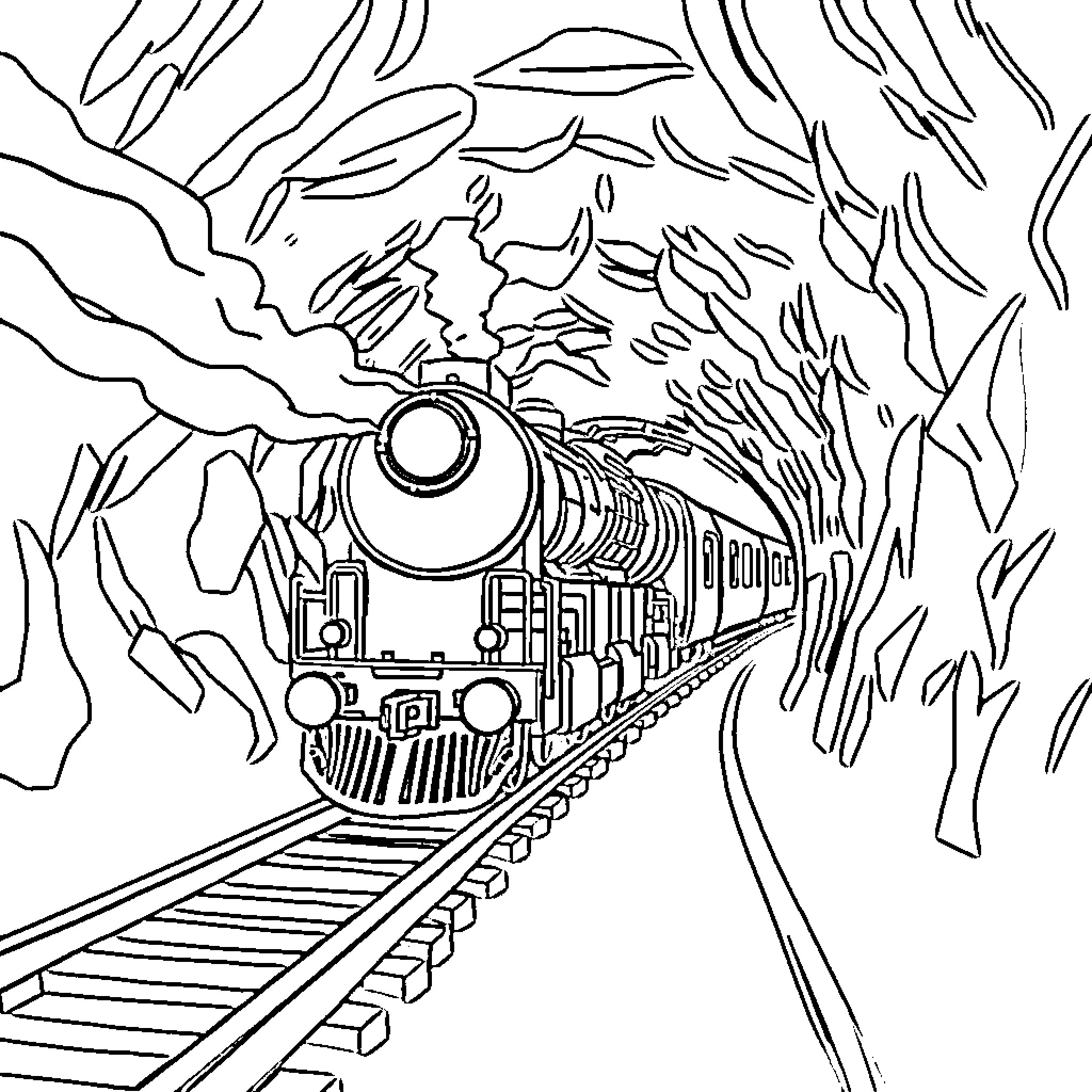 Train speeding through a tunnel with dramatic scenery Coloring Page (free black-and-white line drawing printable PDF for all, from beginners to advanced learners, including children, teens, adults, and seniors)