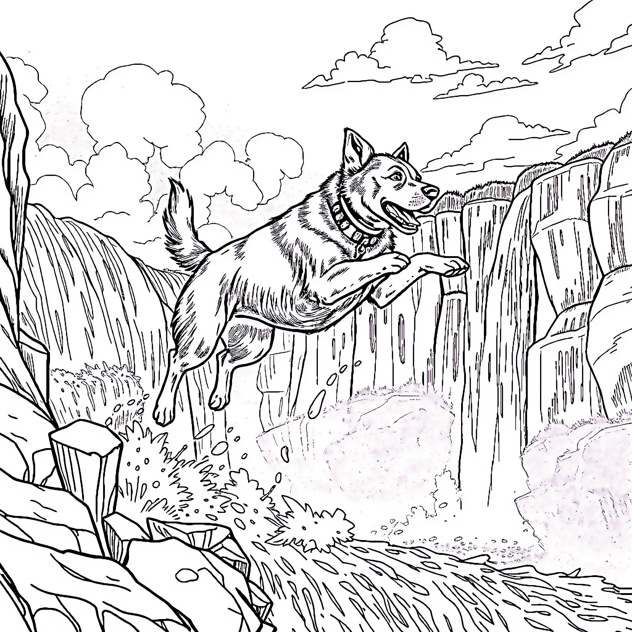Dog Happily Exploring Rugged Landscape Coloring Page (free black-and-white line drawing printable PDF for all, from beginners to advanced learners, including children, teens, adults, and seniors)