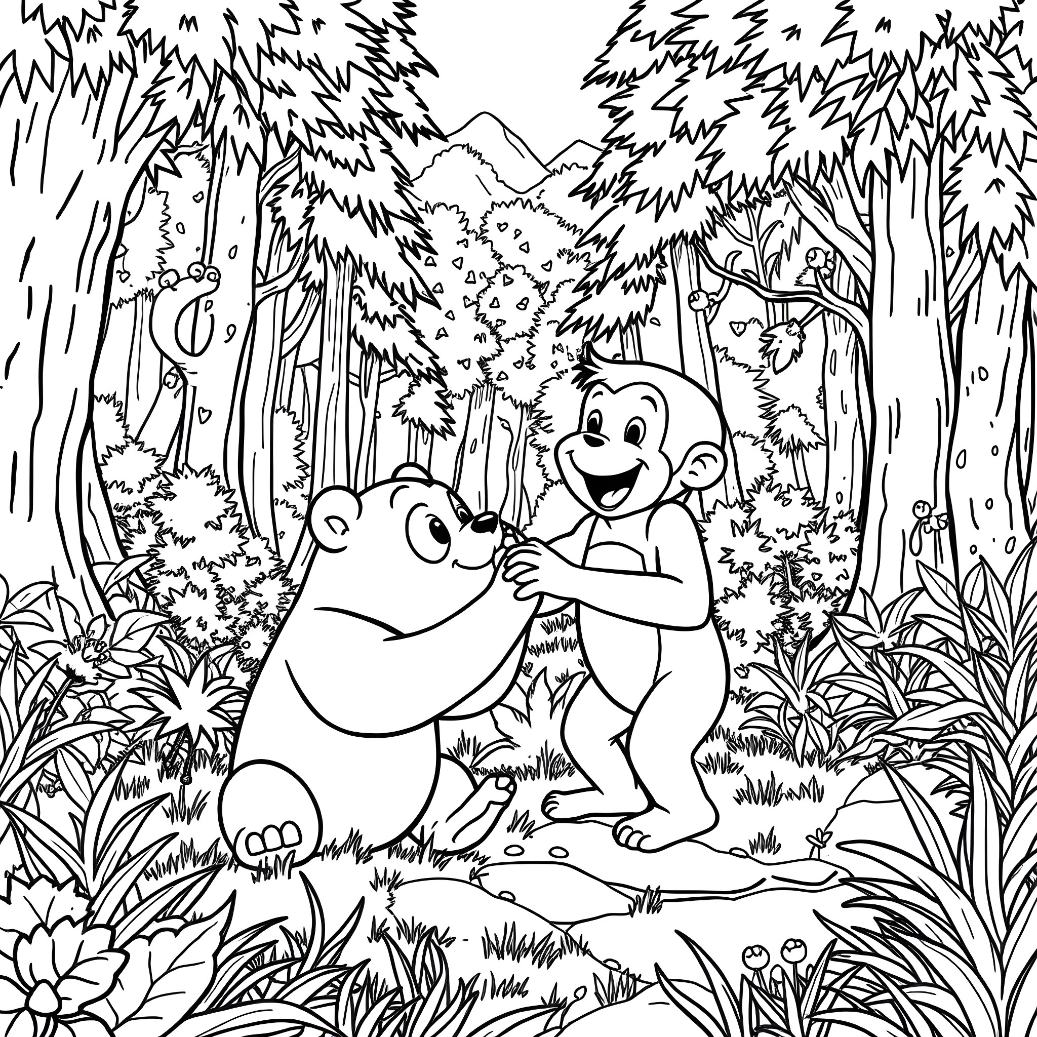 Curious George Playing with a Bear in the Lush Forest Coloring Page (free black-and-white line drawing printable PDF for all, from beginners to advanced learners, including children, teens, adults, and seniors)