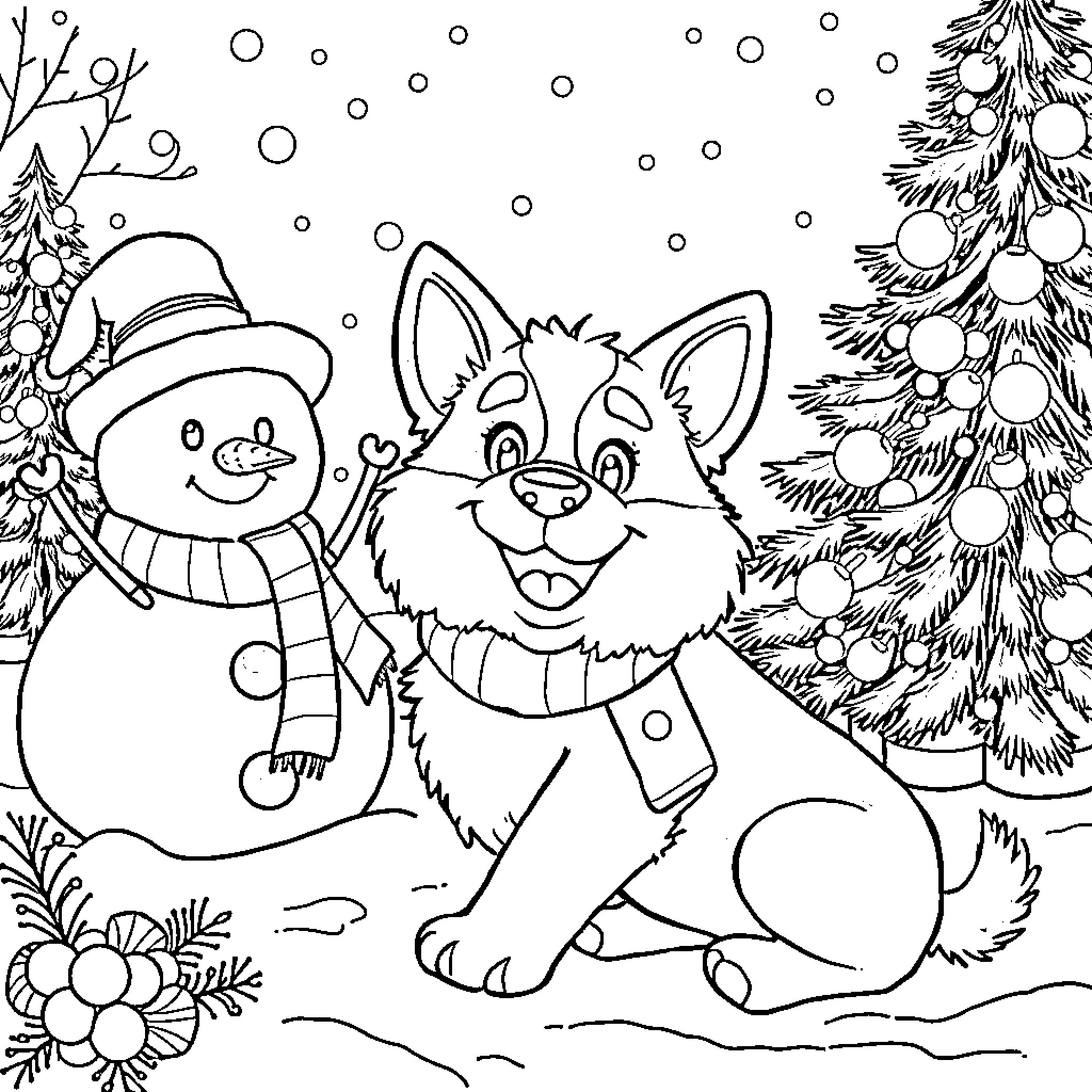 Huntrix's Winter Wonder: Snowman and Playful Puppy Coloring Page (free black-and-white line drawing printable PDF for all, from beginners to advanced learners, including children, teens, adults, and seniors)