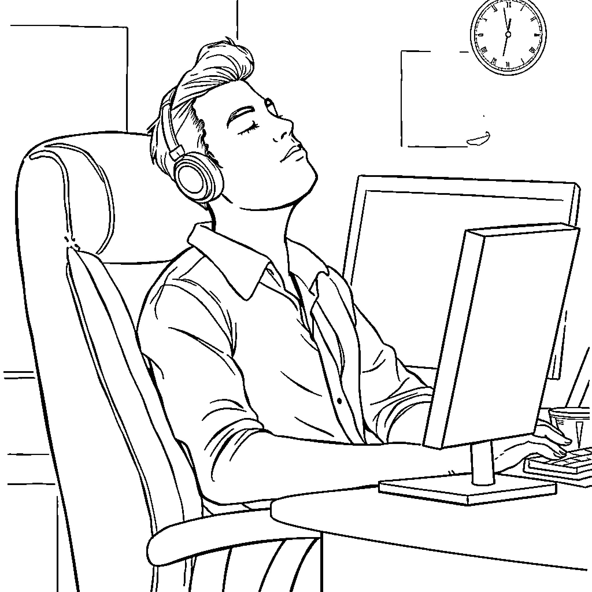 Call Centre Agent Relaxing with Music on the Job Coloring Page (free black-and-white line drawing printable PDF for all, from beginners to advanced learners, including children, teens, adults, and seniors)
