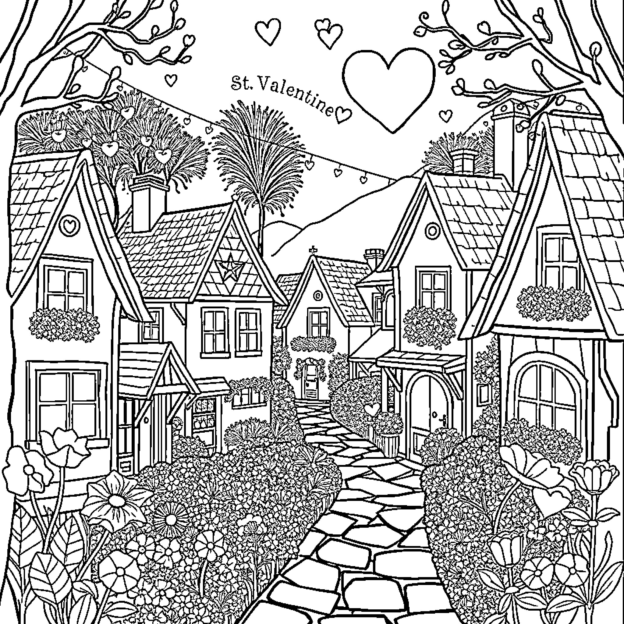 Valentine's Day Celebration in Whimsical Town Coloring Page (free black-and-white line drawing printable PDF for all, from beginners to advanced learners, including children, teens, adults, and seniors)